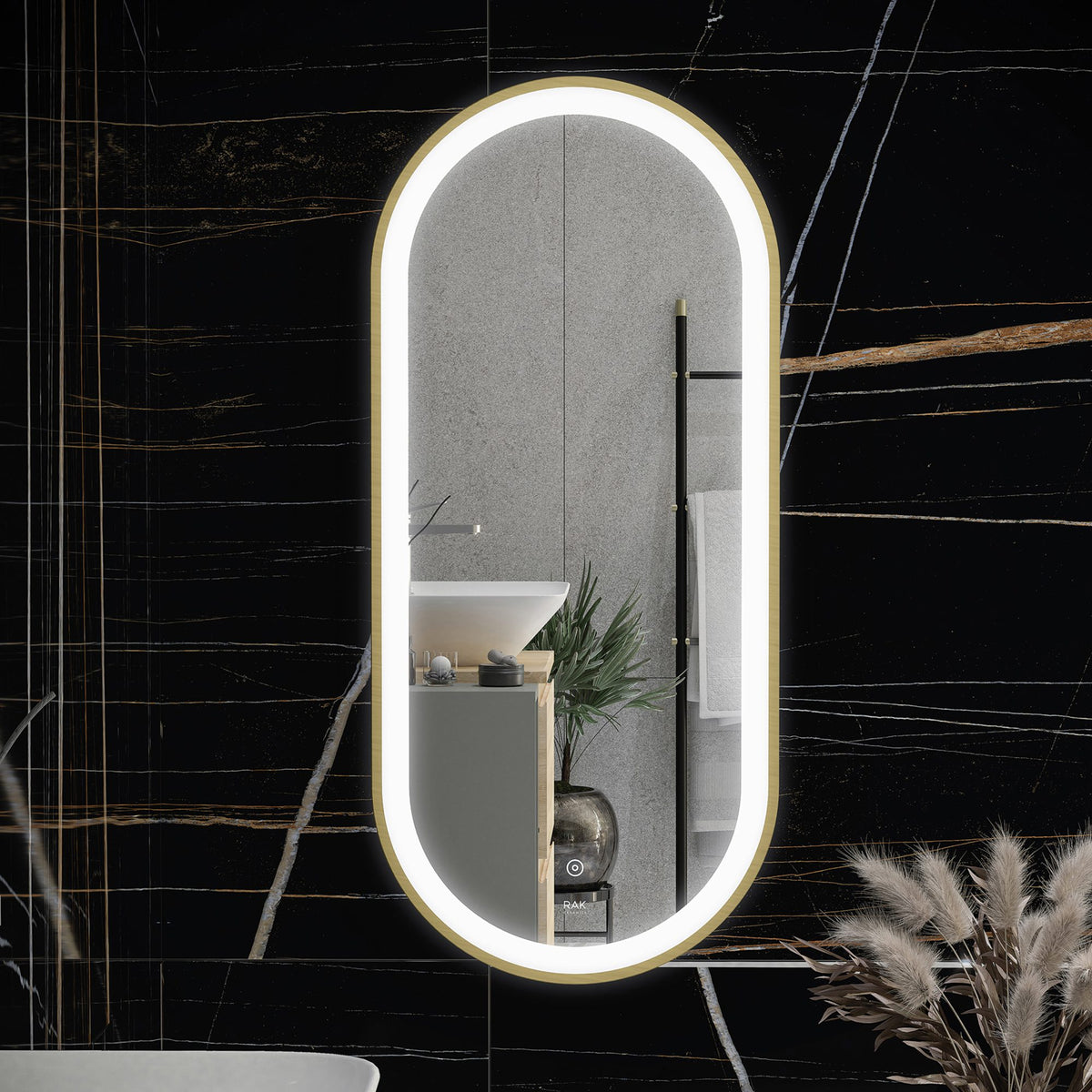 Sleek illuminated oval bathroom mirror with backlighting in modern bathroom setting.