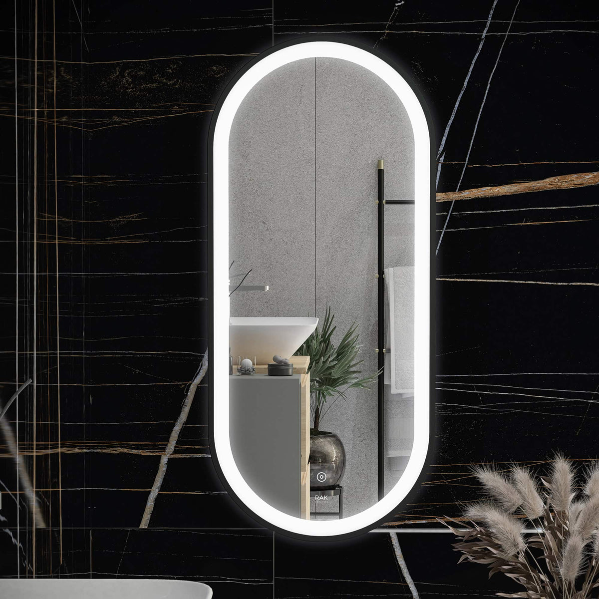 Brushed silver bathroom mirror with LED lighting in modern bathroom decor for Bubly Bathrooms UK.