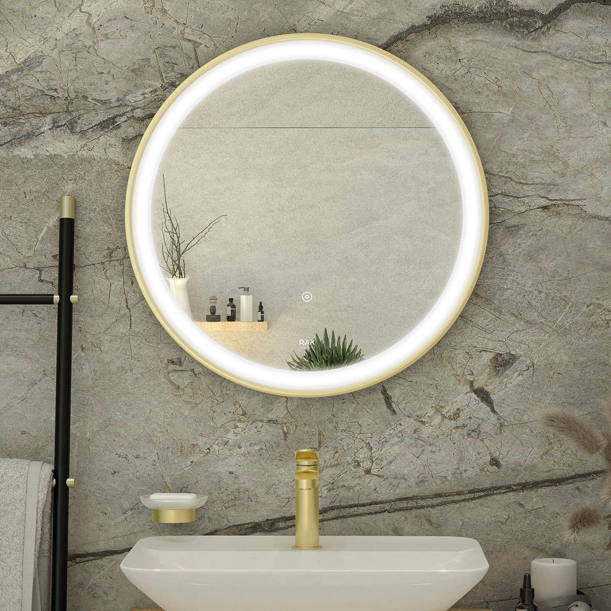 Elegant round bathroom mirror with built-in LED lighting, complementing modern bathroom fixtures and decor, perfect for contemporary bathroom design.
