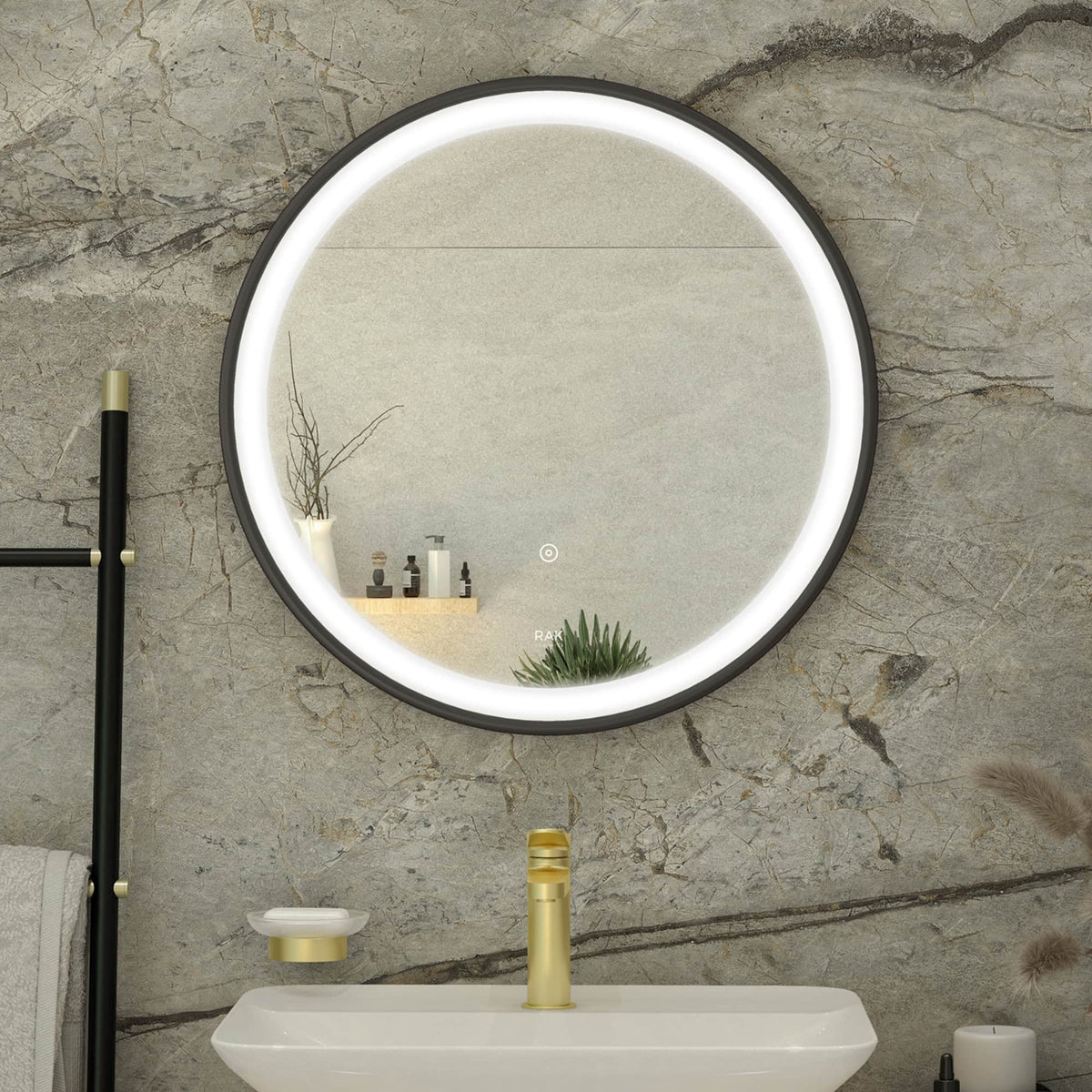 Sleek modern bathroom mirror with LED lighting, mounted above a contemporary white bathroom sink with gold fixtures, designed for stylish bathroom renovations.