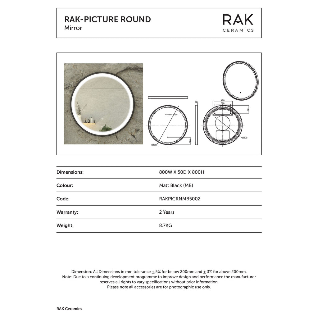 Round bathroom mirror with LED lighting and modern black rim, ideal for contemporary bathroom decor.