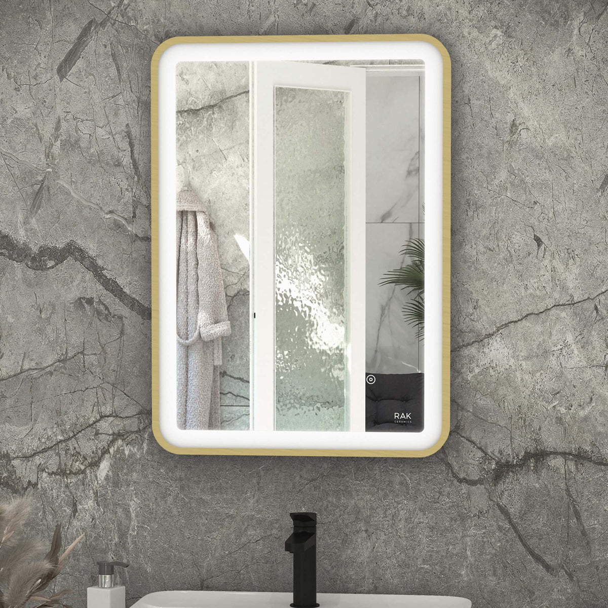 LED illuminated modern bathroom mirror with built-in touch controls and defogger, mounted above a sink in a stylish contemporary bathroom.