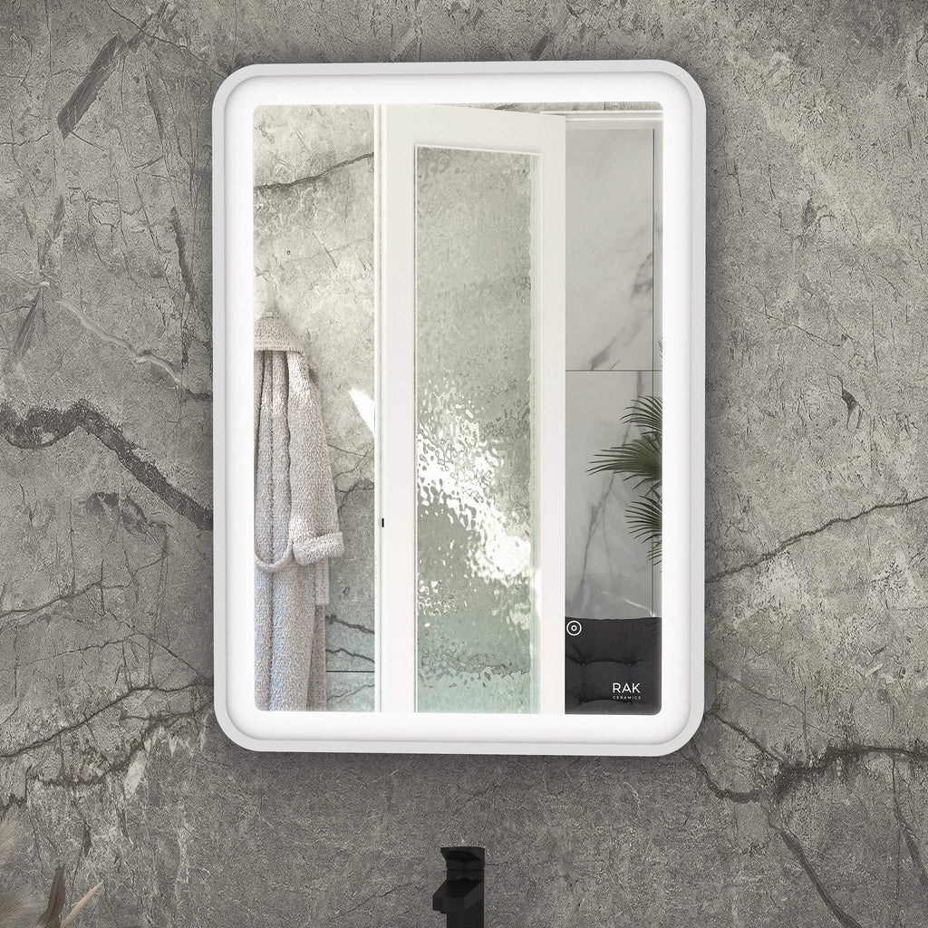 Modern LED bathroom mirror with touch controls and defogger for contemporary bathroom design.