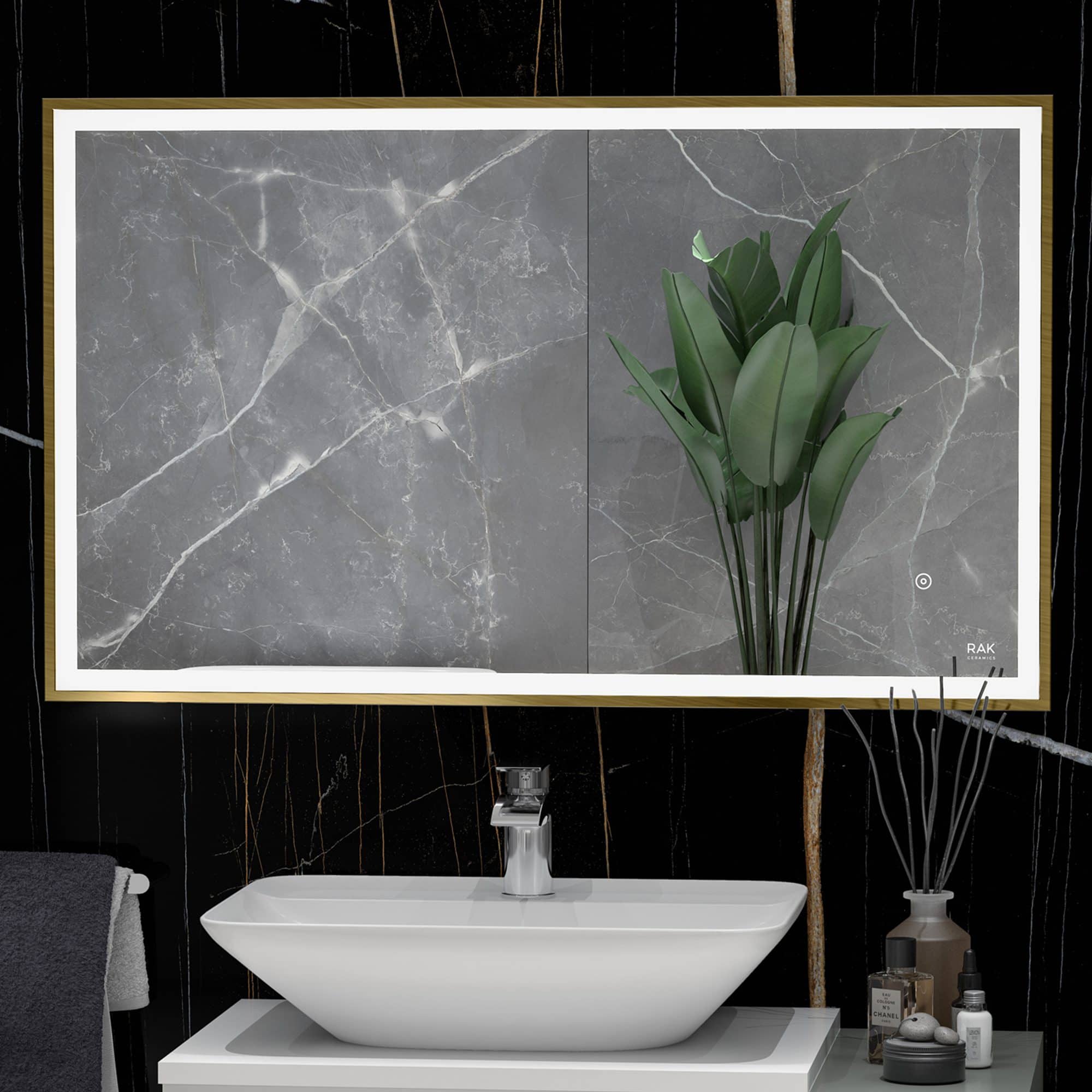 Elegant grey marble bathroom wall with a modern white sink, decorative plant, and stylish accessories, showcasing luxurious bathroom design ideas for contemporary bathrooms.