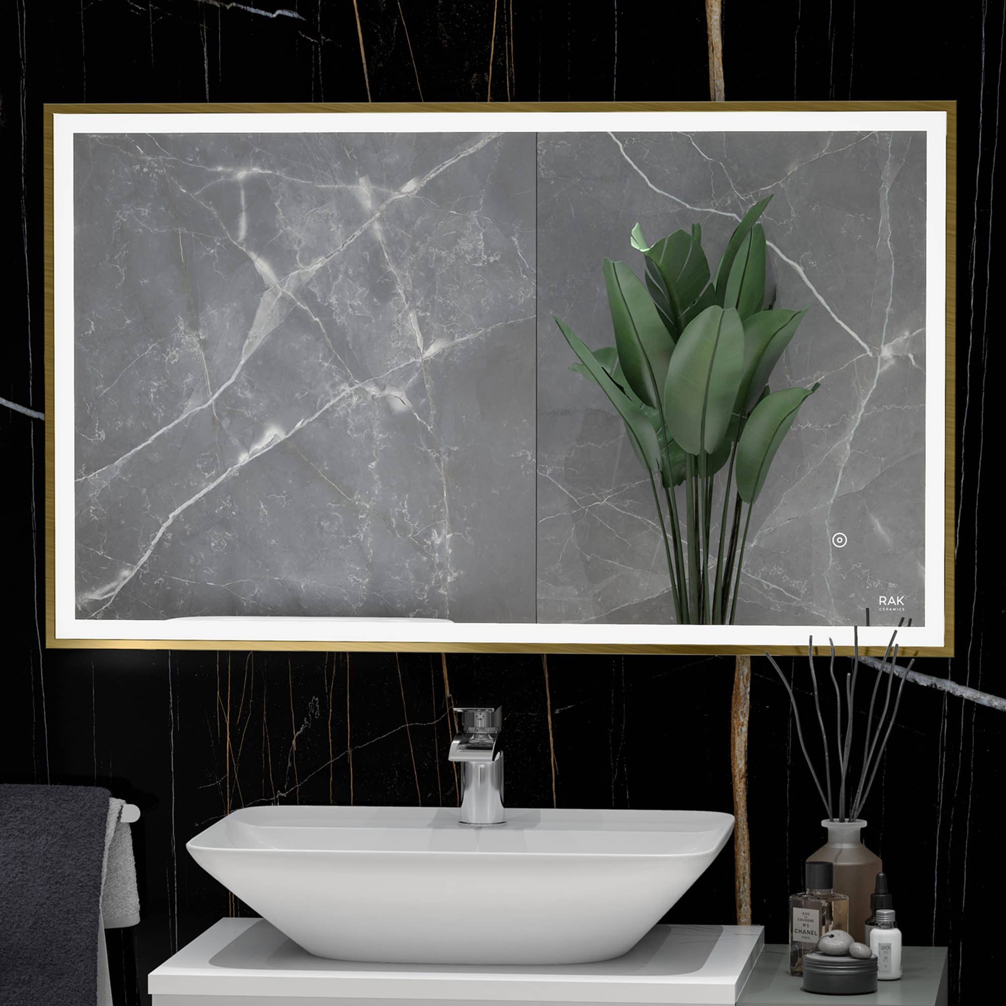 Sleek modern bathroom vanity with a white ceramic basin and marble wall mirror, featuring elegant green plant decor and stylish accessories, perfect for contemporary bathroom design.
