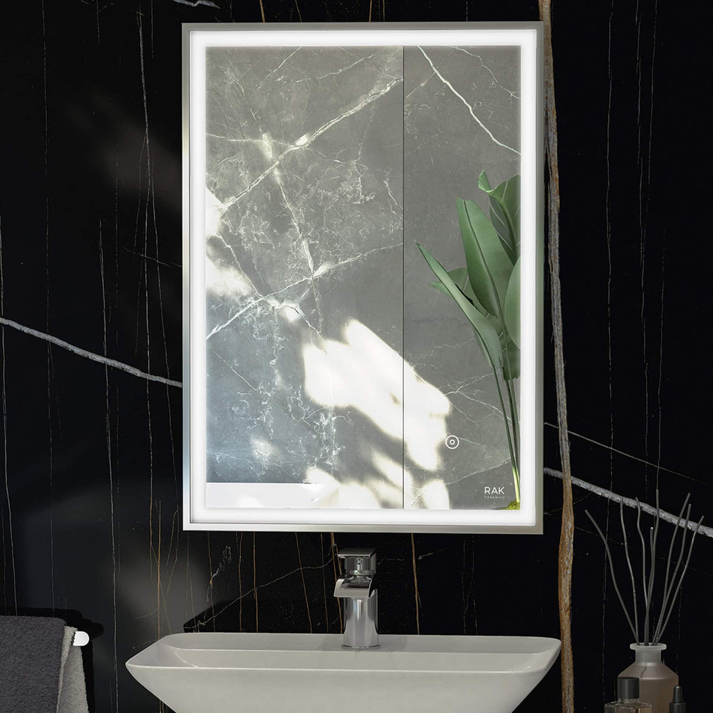 Luxury bathroom mirror with LED lighting and marble finish, ideal for modern bathrooms, combining style and functionality.