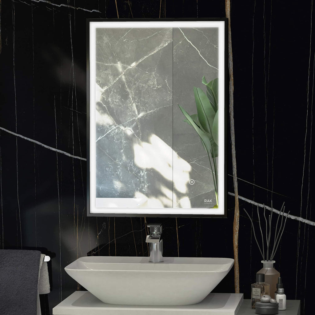 Sleek modern bathroom with a stylish illuminated mirror, a contemporary ceramic sink, and elegant accessories, showcasing luxurious Bubly Bathrooms design for sophisticated bathroom aesthetics.