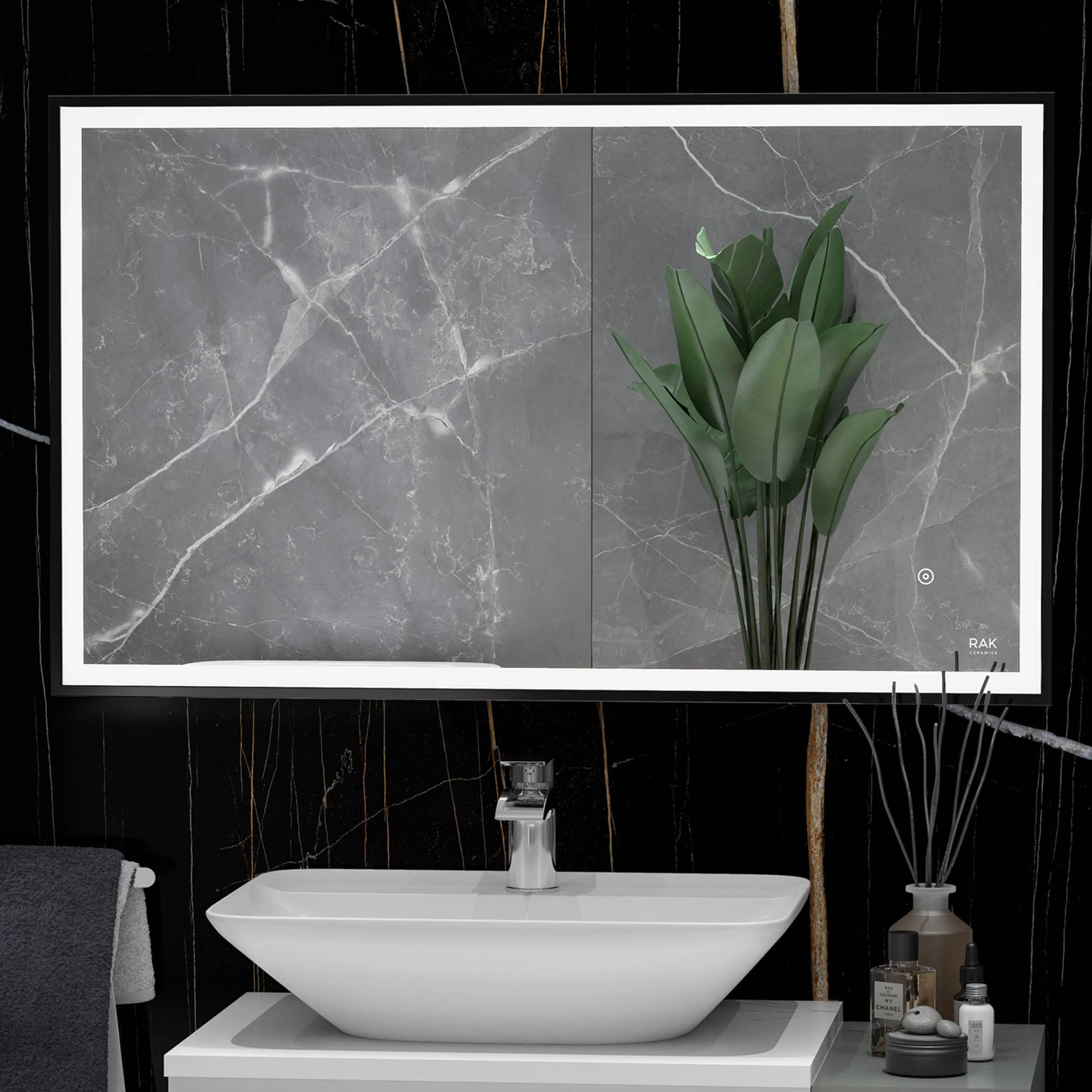 Contemporary bathroom with a sleek, modern design featuring a minimalist vessel sink, grey marble wall tiles, and decorative greenery for a stylish and elegant bathroom space.