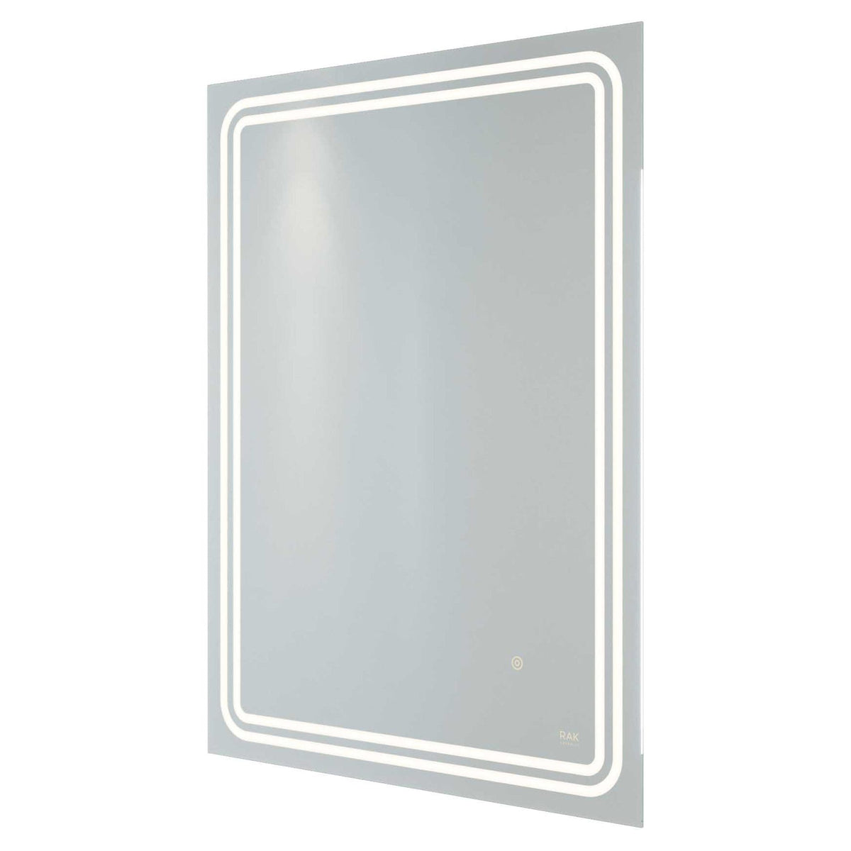 Illuminated LED bathroom mirror with touch sensor and built-in defogger, modern design perfect for contemporary bathroom decor.