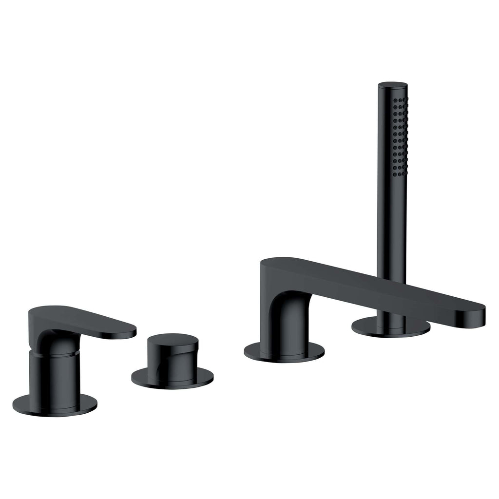 Black matte bathroom tap set with a modern design, includes a mixer, spout, and handheld shower head for contemporary bathroom decor and functionality.