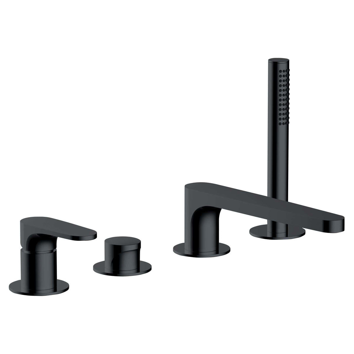 Black matte bathroom tap set with a modern design, includes a mixer, spout, and handheld shower head for contemporary bathroom decor and functionality.