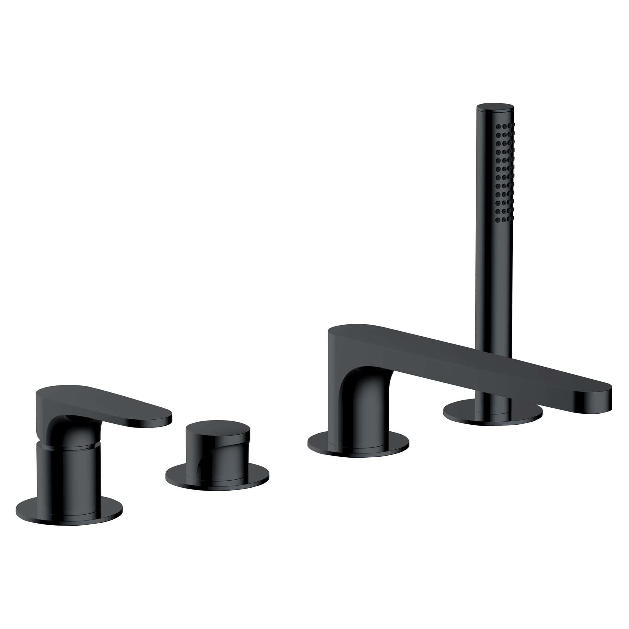 Black matte bathroom tap set with a modern design, includes a mixer, spout, and handheld shower head for contemporary bathroom decor and functionality.