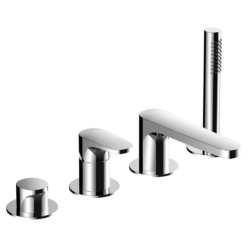 Shiny chrome bathroom faucet set with separate handles and a handheld shower head, modern design, ideal for contemporary bathrooms, high-quality fixtures from Bubly Bathrooms.