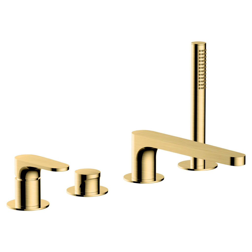 Brass bathroom faucet set with modern handles and spout, featuring a sleek gold finish and a separate handheld shower head, ideal for contemporary bathroom renovations and fittings.
