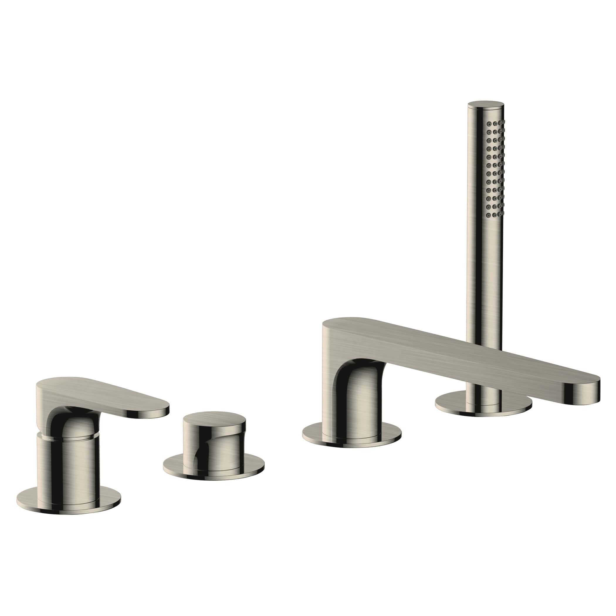 Sleek stainless steel bathroom faucet set with matching handles and hand shower, modern design ideal for contemporary bathrooms.
