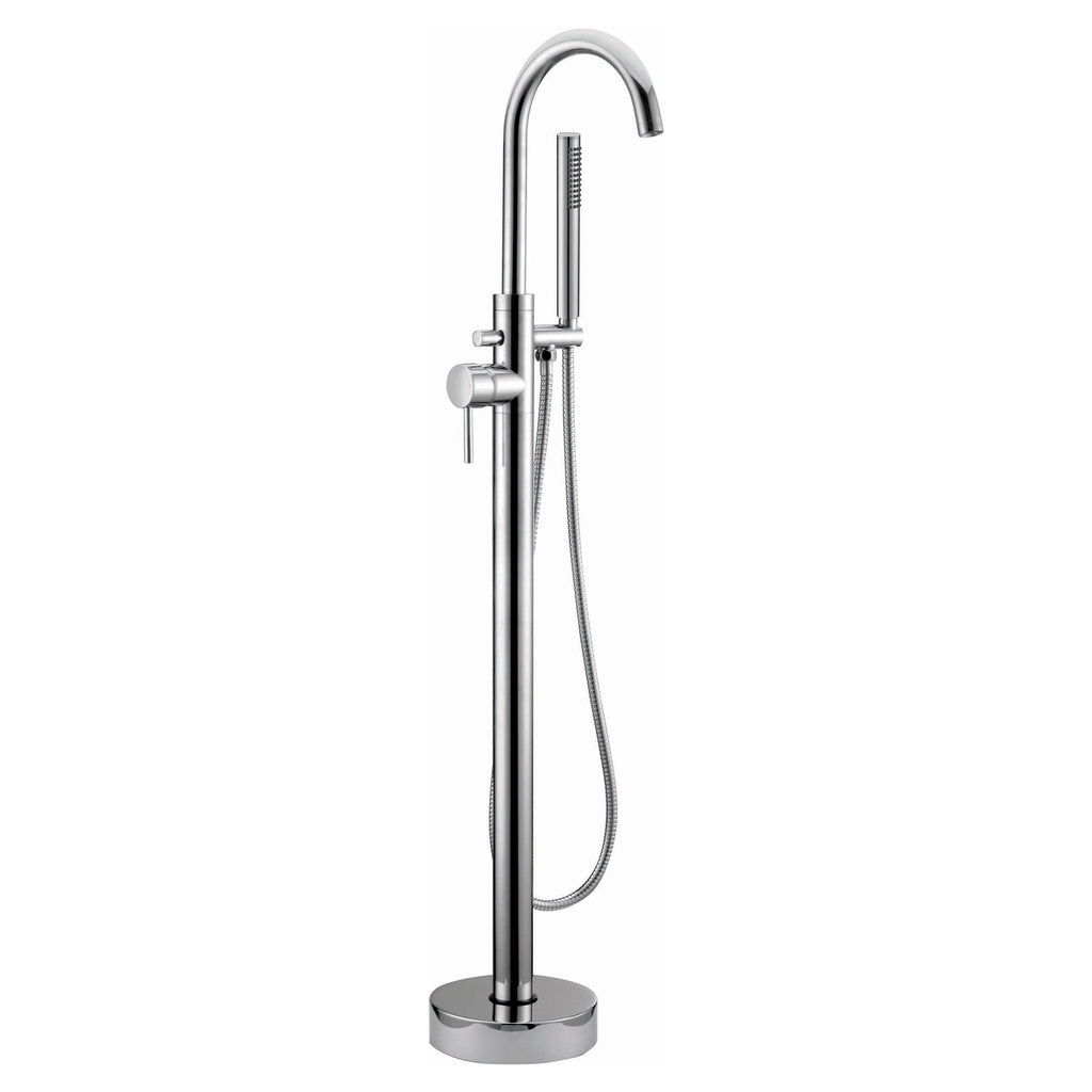 Modern freestanding chrome bathroom mixer tap with handheld shower, ideal for contemporary stylish Bubly bathrooms, enhancing functionality and elegance in your shower area.