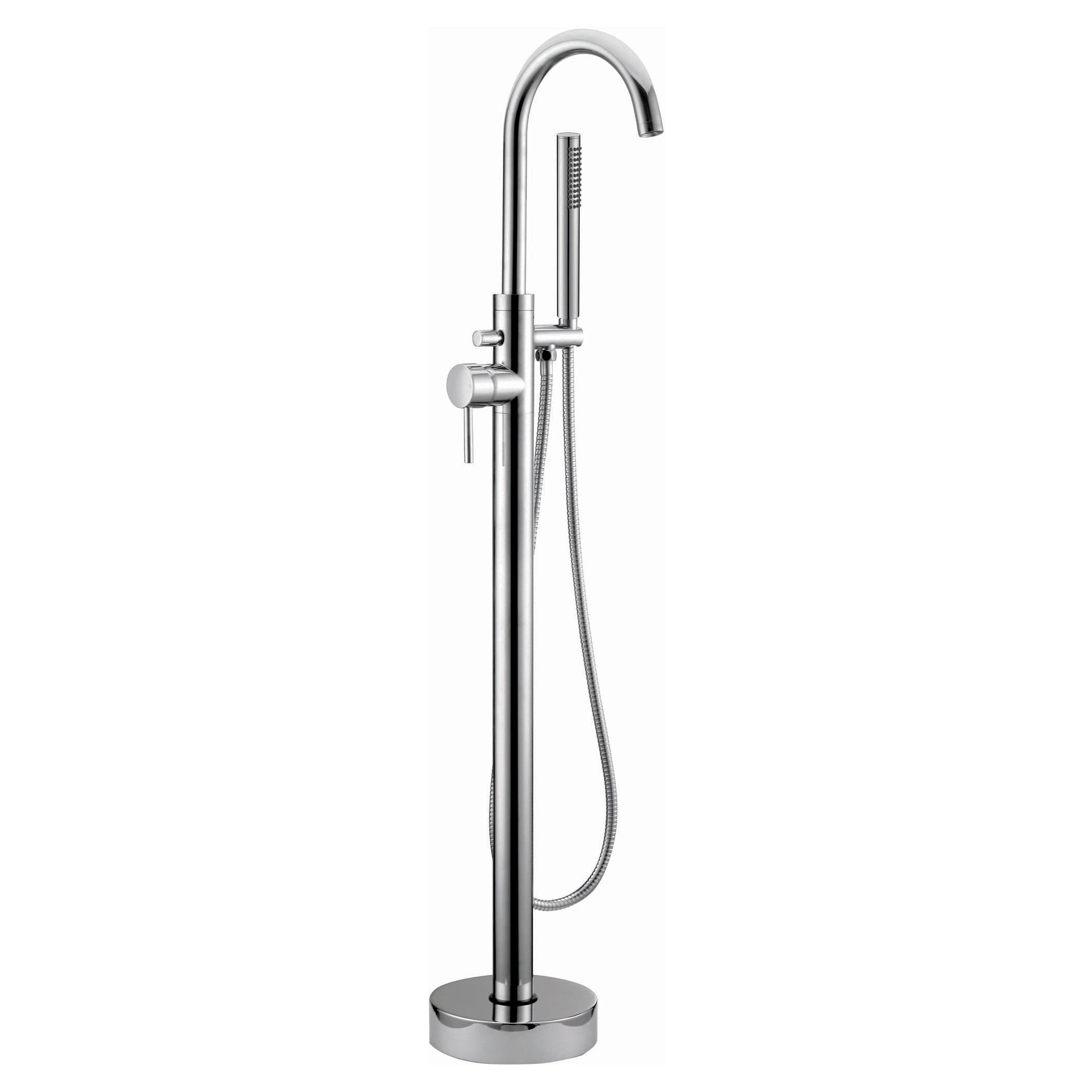 Modern freestanding chrome bathroom mixer tap with handheld shower, ideal for contemporary stylish Bubly bathrooms, enhancing functionality and elegance in your shower area.
