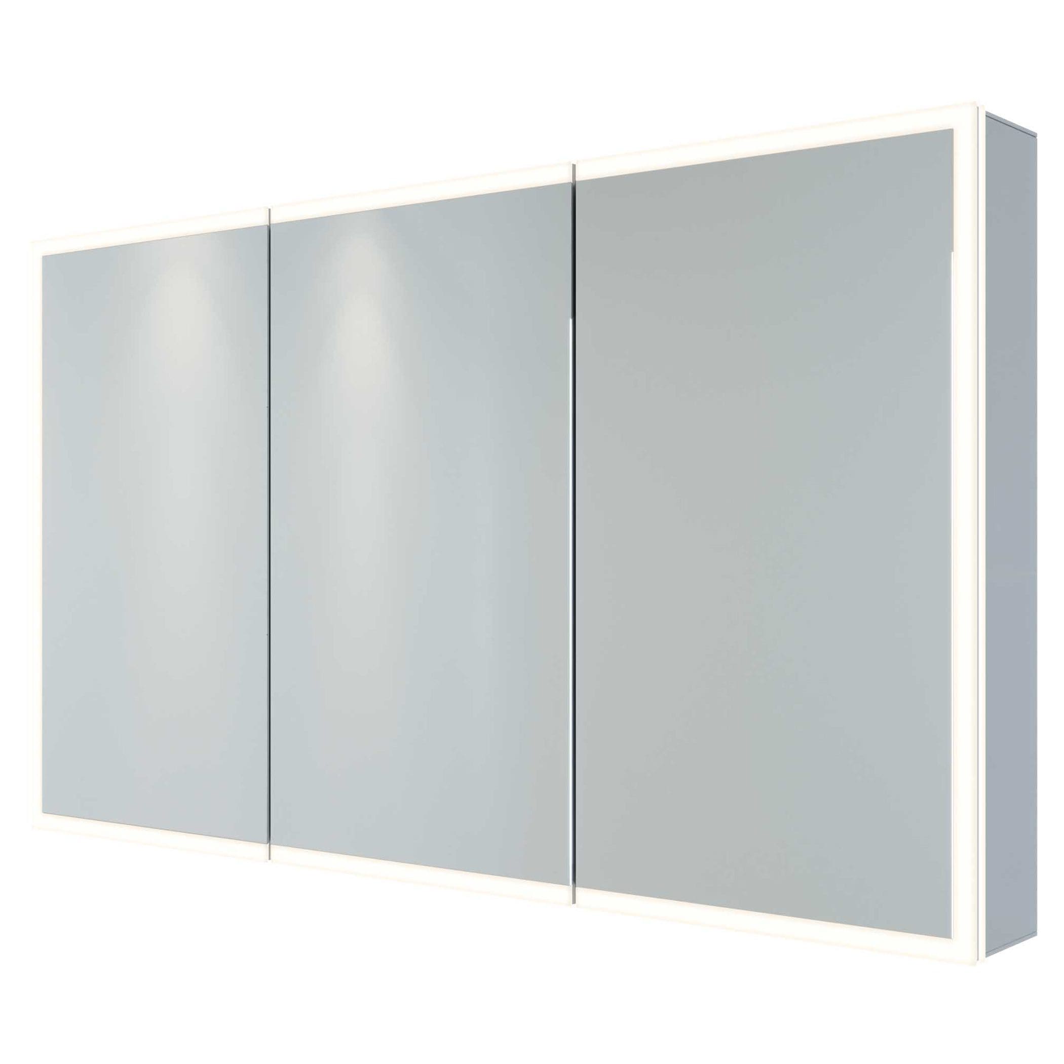 Sliding bathroom mirror cabinet with LED lighting for modern bathroom storage solutions.