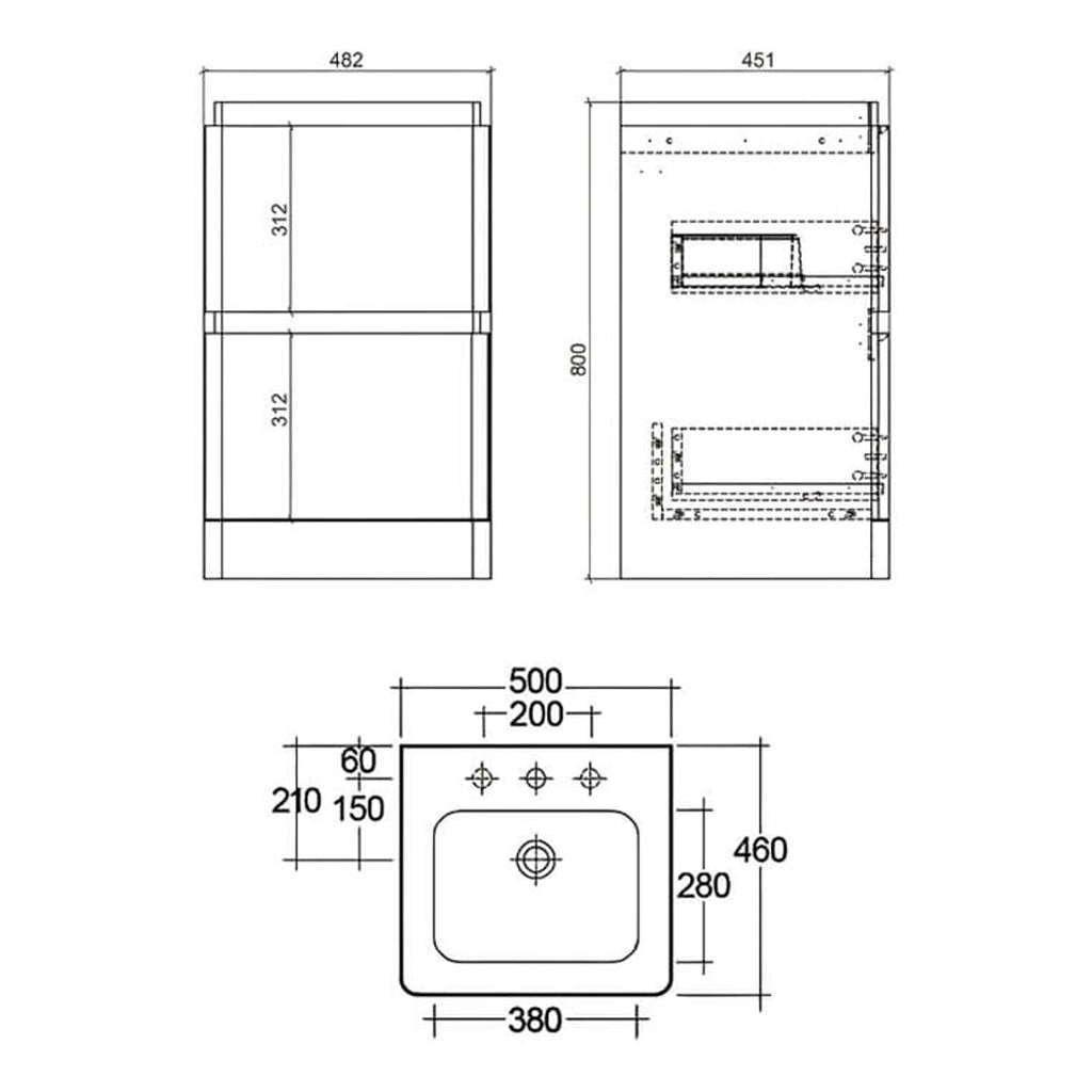 Contemporary bathroom vanity with two drawers, detailed technical drawings showcasing dimensions and design features, perfect for modern bathroom renovations.