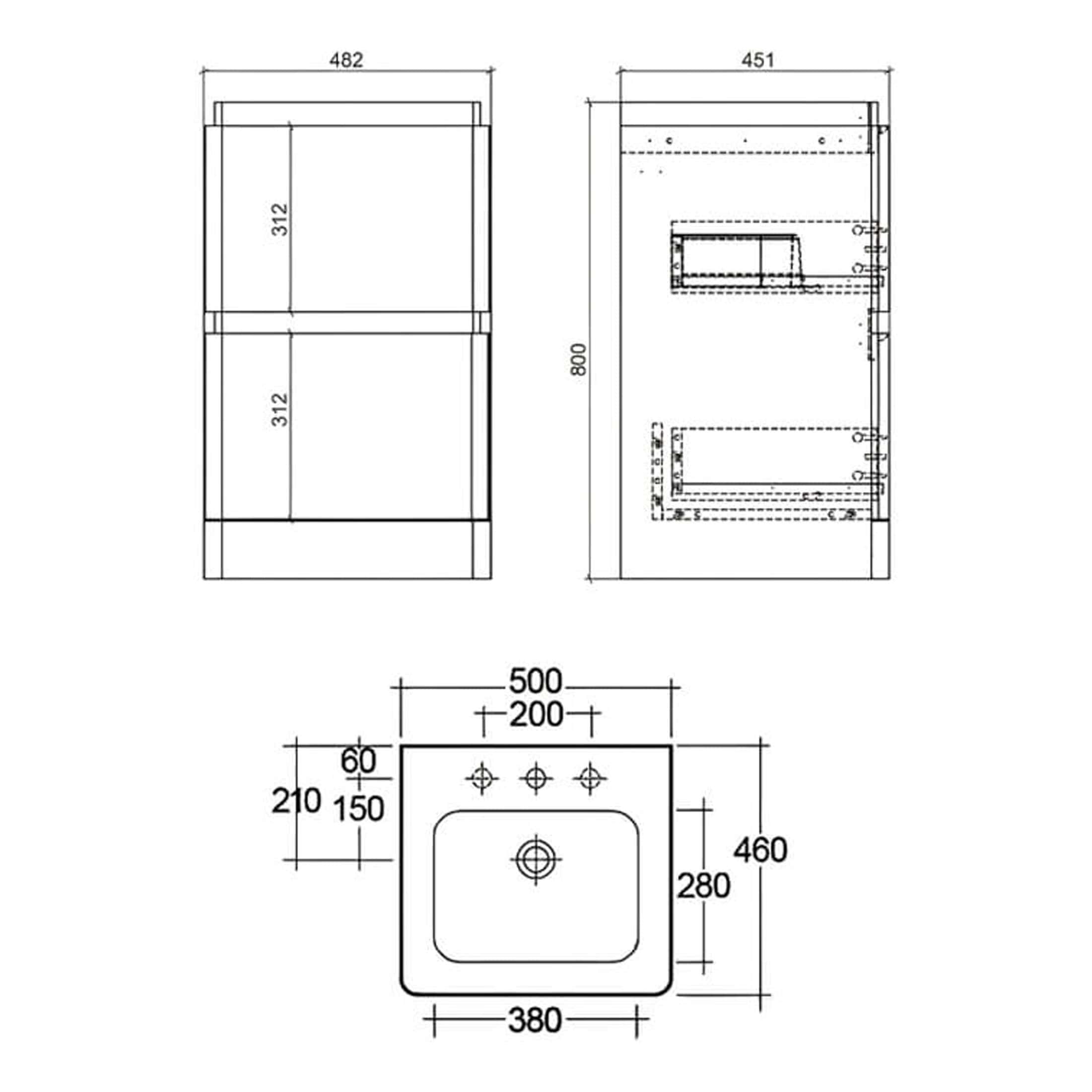 Contemporary bathroom vanity with two drawers, detailed technical drawings showcasing dimensions and design features, perfect for modern bathroom renovations.