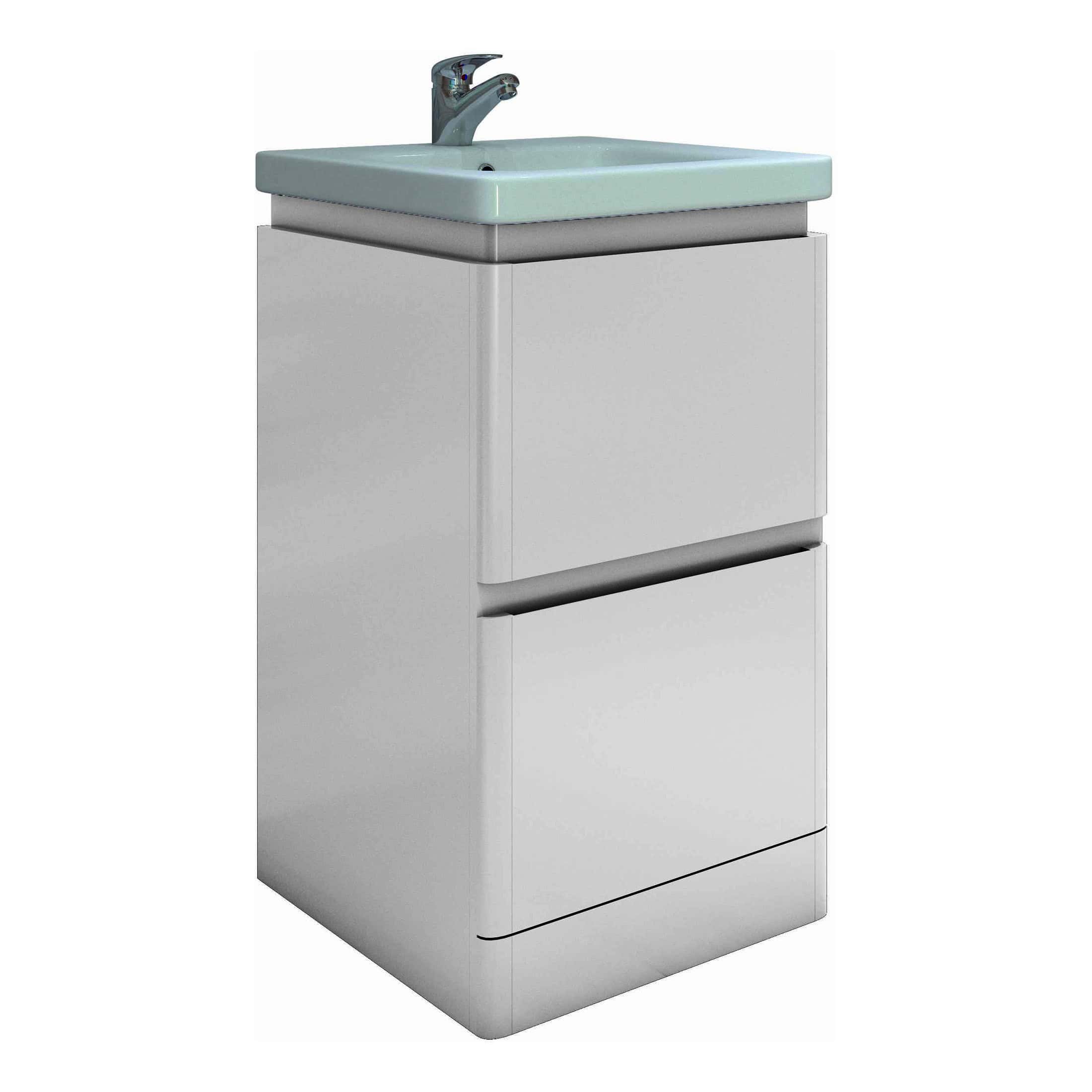 Compact bathroom vanity unit with basin, ideal for modern bathroom designs and space-saving solutions. Features clean lines, durable materials, and easy-to-clean surfaces. Perfect for contemporary bathroom setups.
