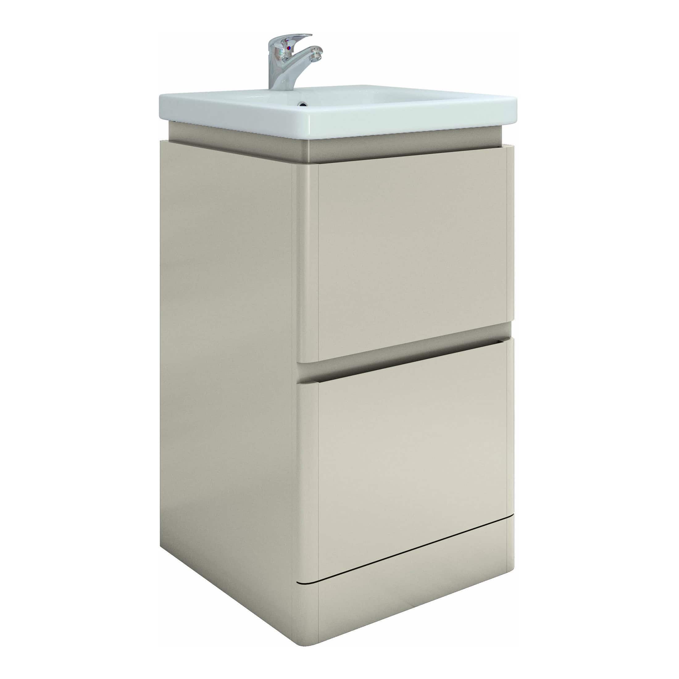 Fitted bathroom vanity unit with integrated sink, modern design, beige finish, ideal for bathroom storage and organisation. Perfect for contemporary bathroom interiors.