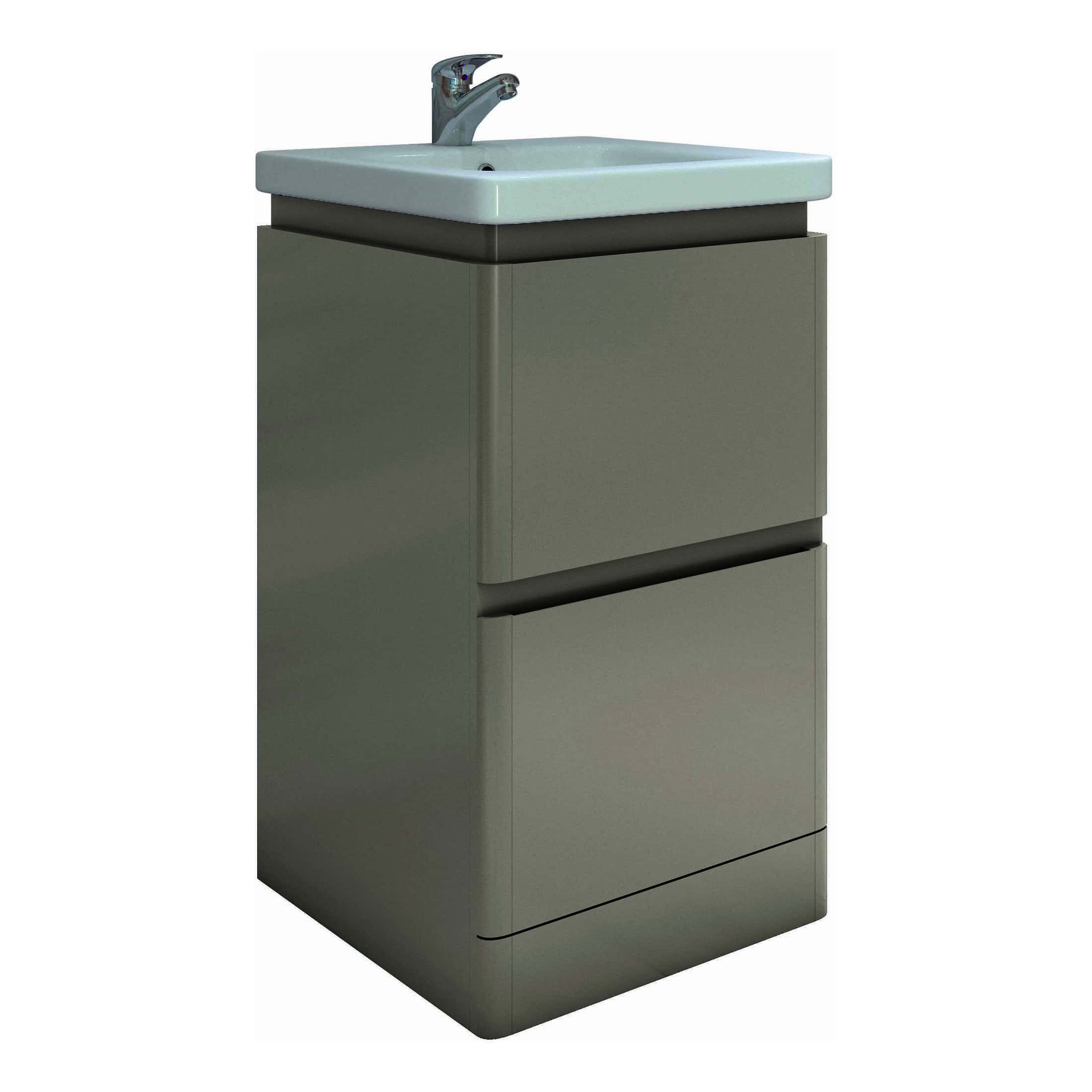 Contemporary bathroom vanity unit with integrated sink and sleek storage drawers, ideal for modern bathroom designs and space-saving solutions.