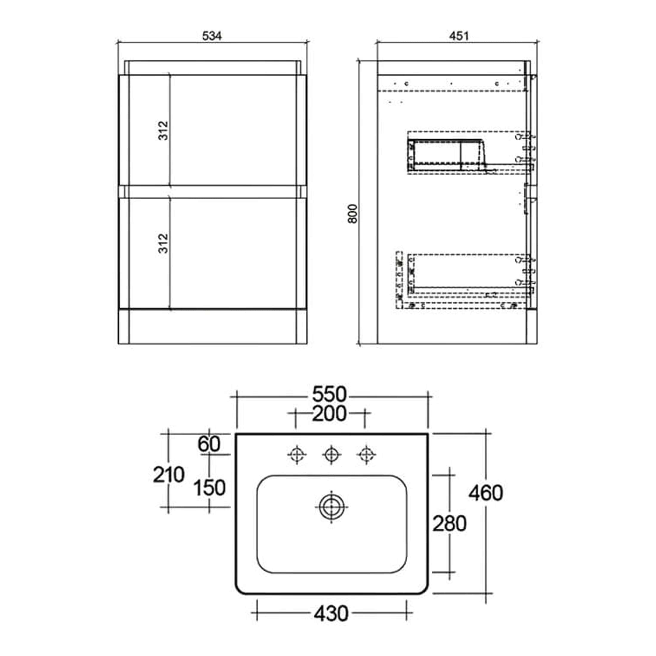 Modern bathroom vanity cabinet with detailed technical schematic and measurements, ideal for bathroom storage and plumbing installations.