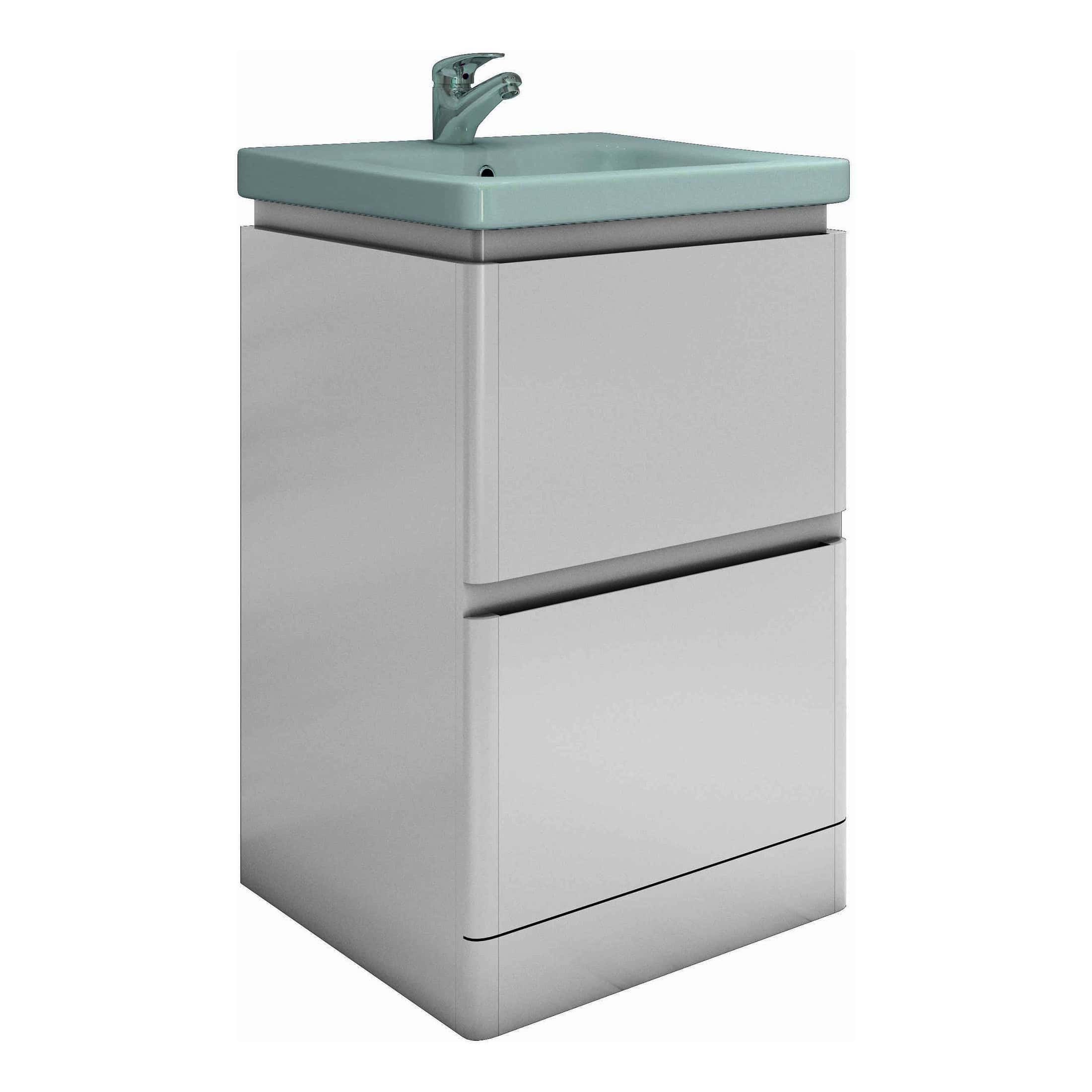 Modern bathroom vanity with integrated sink and storage cabinet, ideal for stylish and functional bathroom decor. Perfect for compact spaces, offering sleek design and practicality for bathroom renovations.