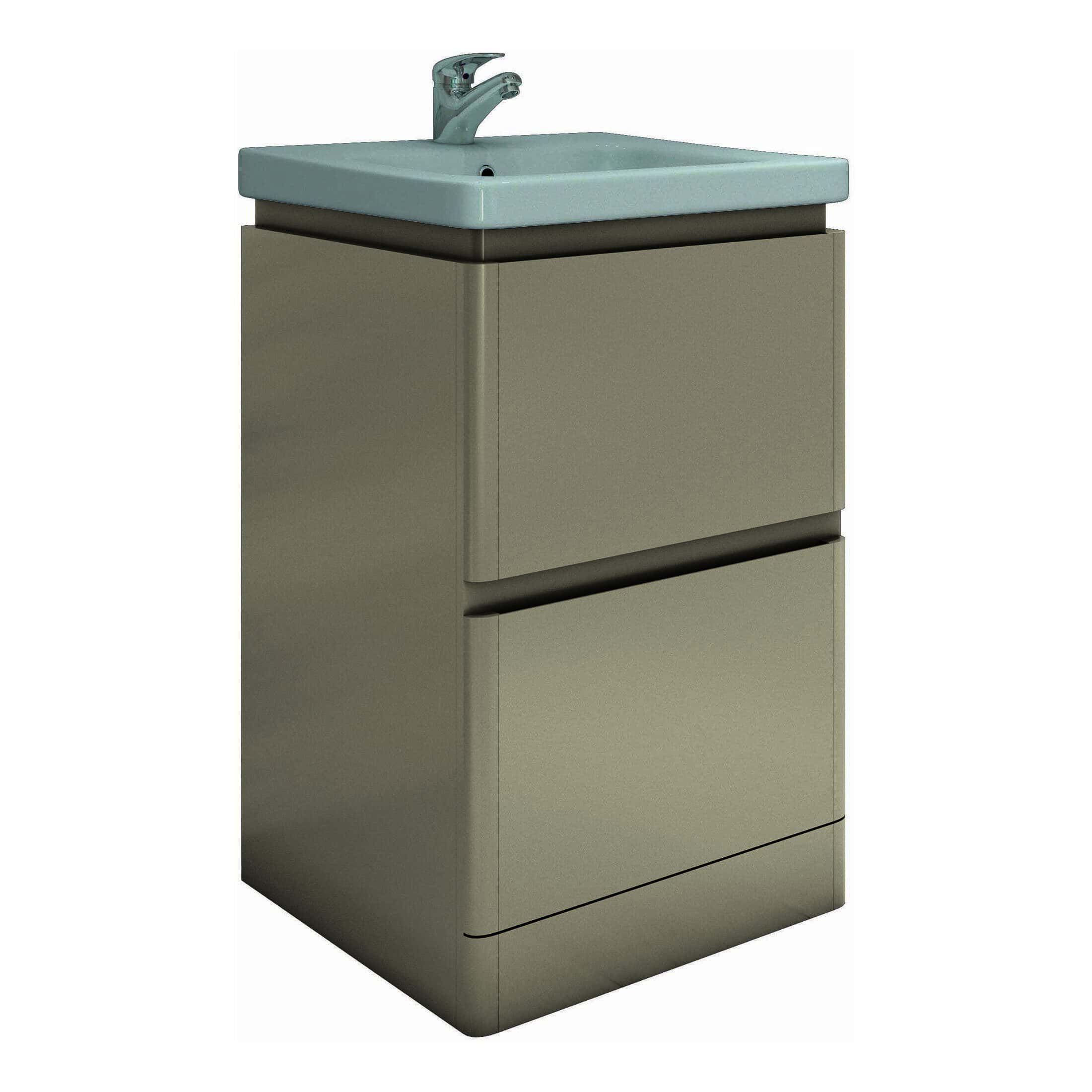Modern bathroom sink with sleek cabinet storage, ideal for contemporary bathrooms. Features a single tap and clean design, perfect for stylish bathroom renovations and optimising space.