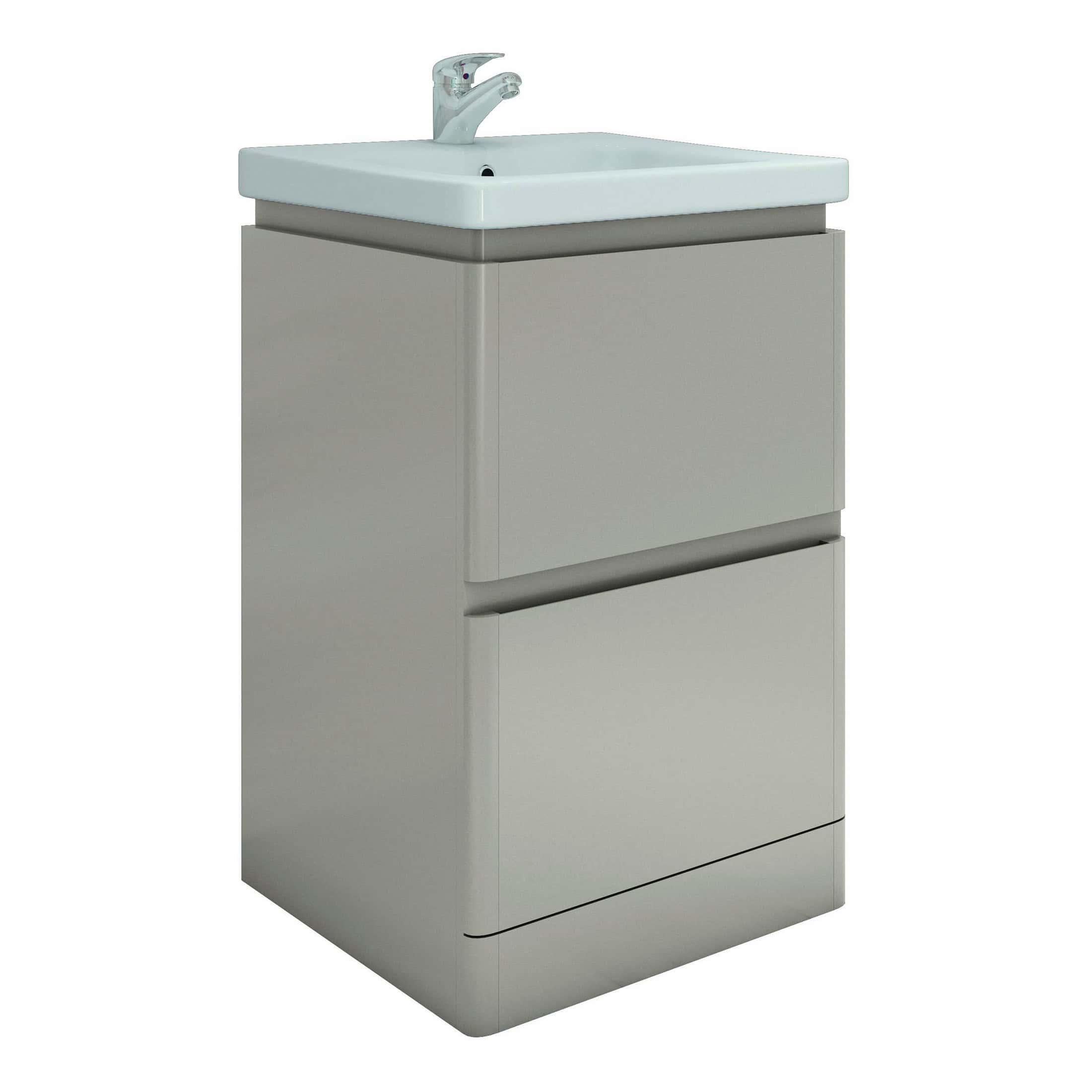Modern bathroom vanity unit with integrated sink and storage drawers, ideal for contemporary Bubly bathrooms. Perfect for optimizing space and style in modern bathroom designs.