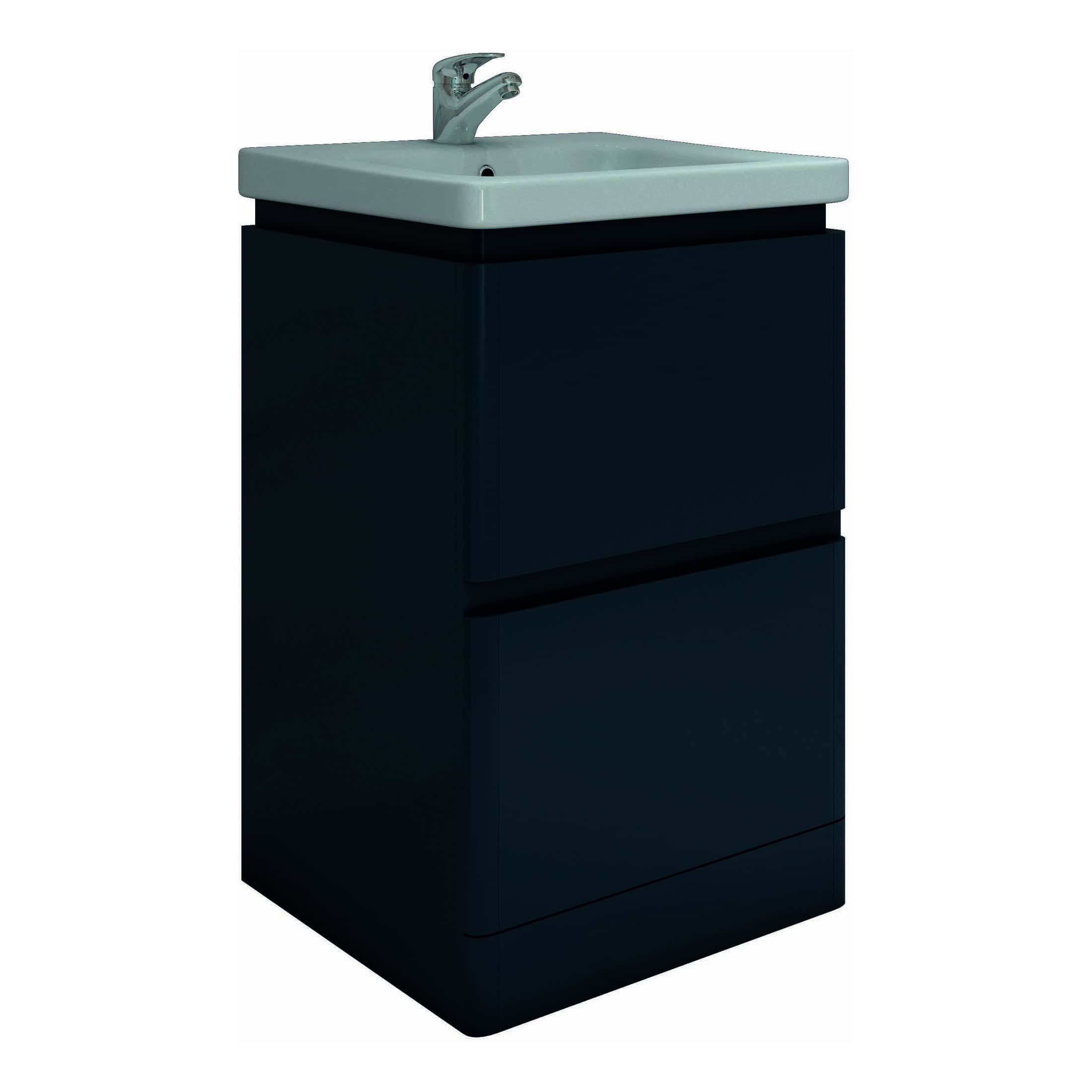 Modern bathroom vanity with integrated sink and sleek black cabinetry, perfect for contemporary bathroom designs and storage solutions.