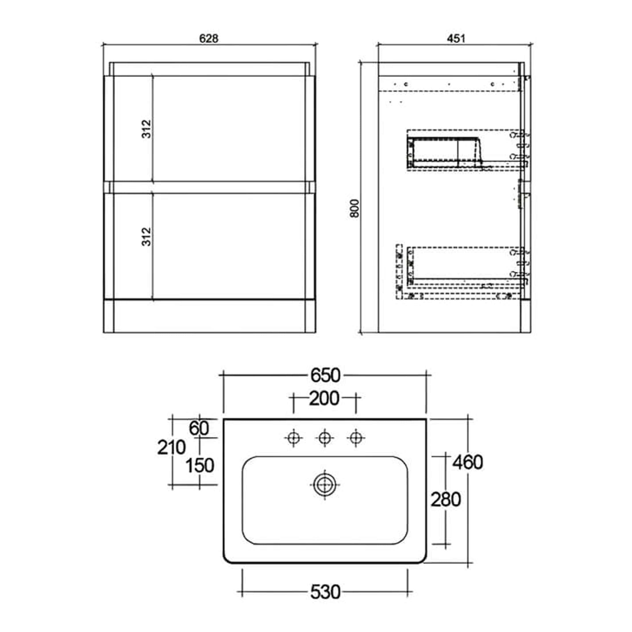 Modern bathroom sink and cabinet blueprint with detailed measurements for stylish bathroom storage and design.