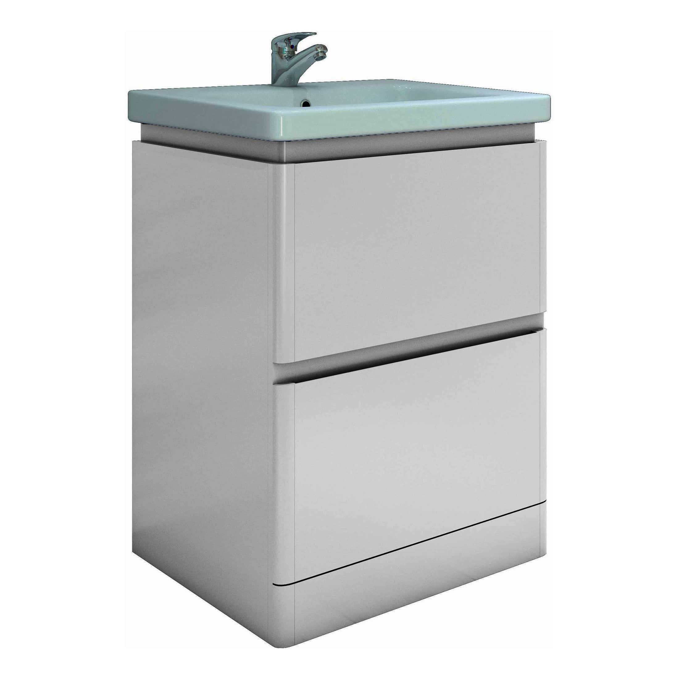 Modern bathroom vanity unit with integrated sink, sleek grey finish, and storage drawers, perfect for contemporary bathroom designs and organisation.