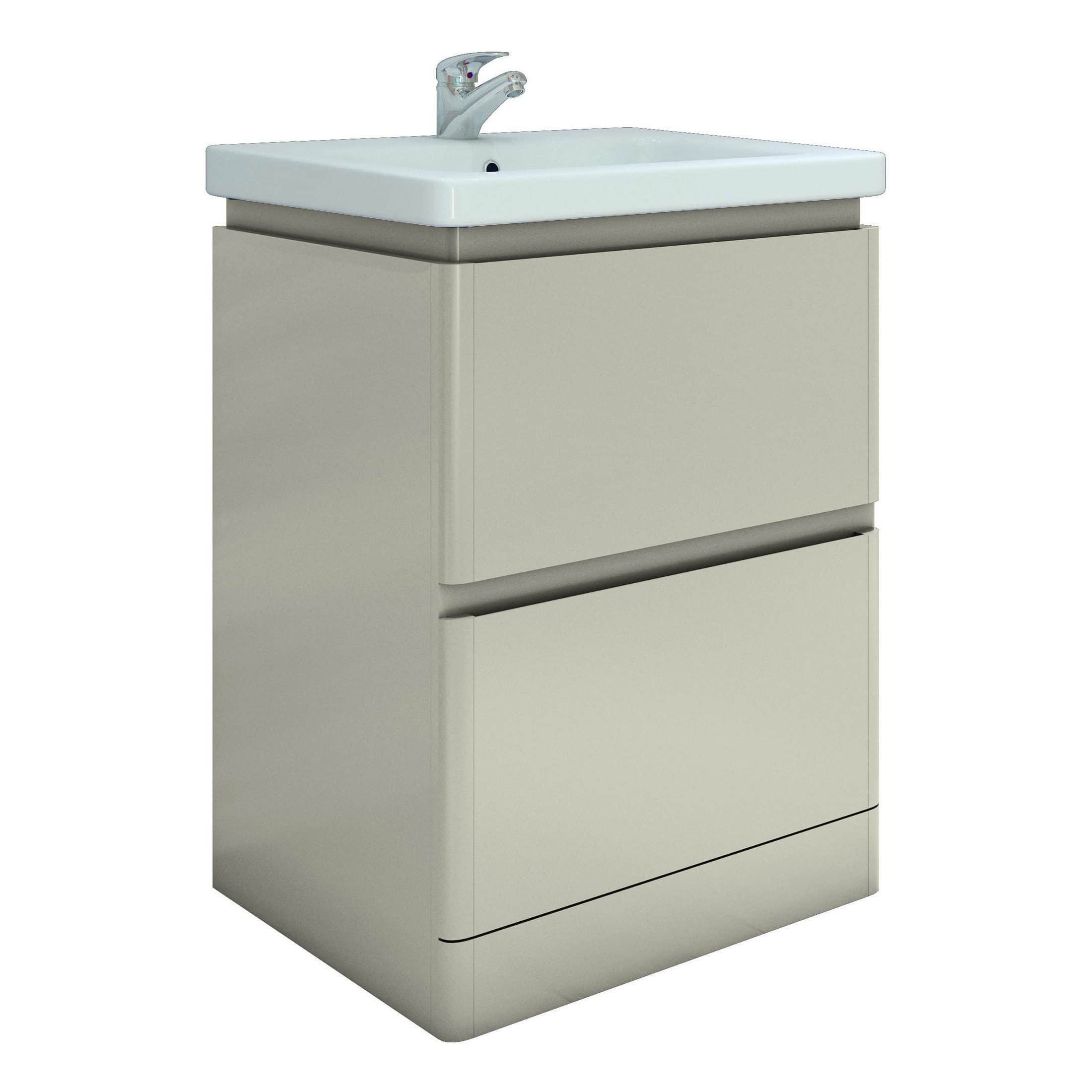 Modern bathroom vanity with integrated sink and storage, ideal for contemporary bathroom designs. Features clean lines and ample space for bathroom essentials, combining functionality with sleek aesthetics.