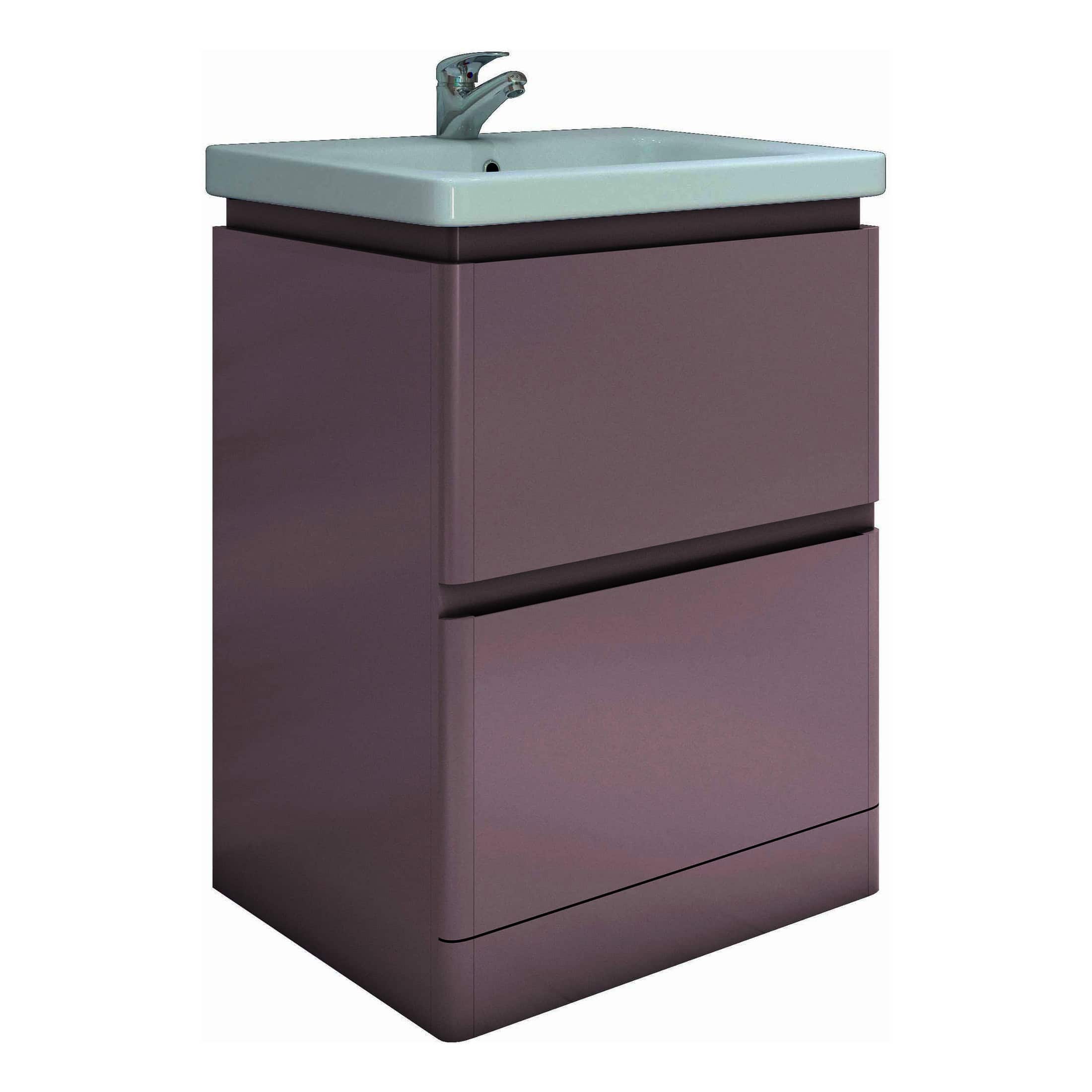 Modern bathroom vanity with integrated sink in white, featuring sleek dark purple cabinetry for contemporary bathroom design. Perfect for stylish bathroom upgrades and storage.
