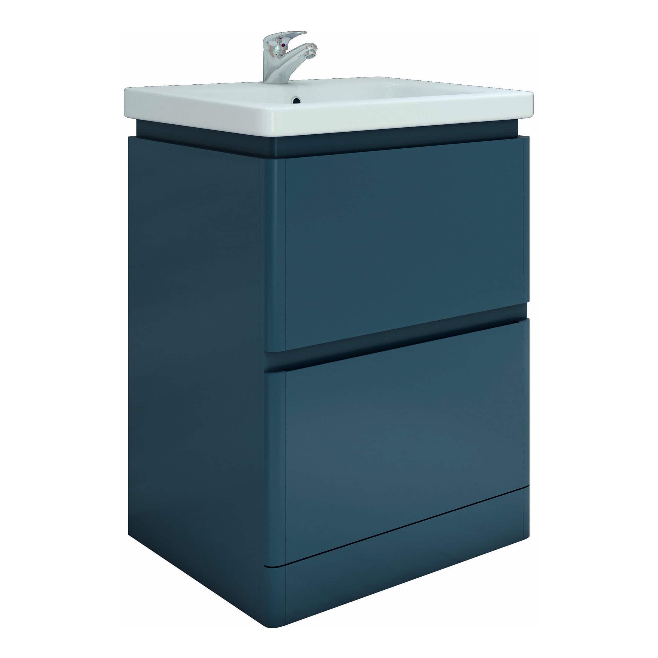 Modern blue bathroom vanity with integrated sink and sleek storage drawers for efficient bathroom organisation.