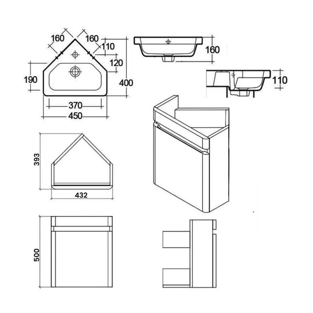 Draft technical bathroom fixture drawing with precise measurements, showcasing front, side, and top views, ideal for bathroom renovation projects or bathroom design planning.
