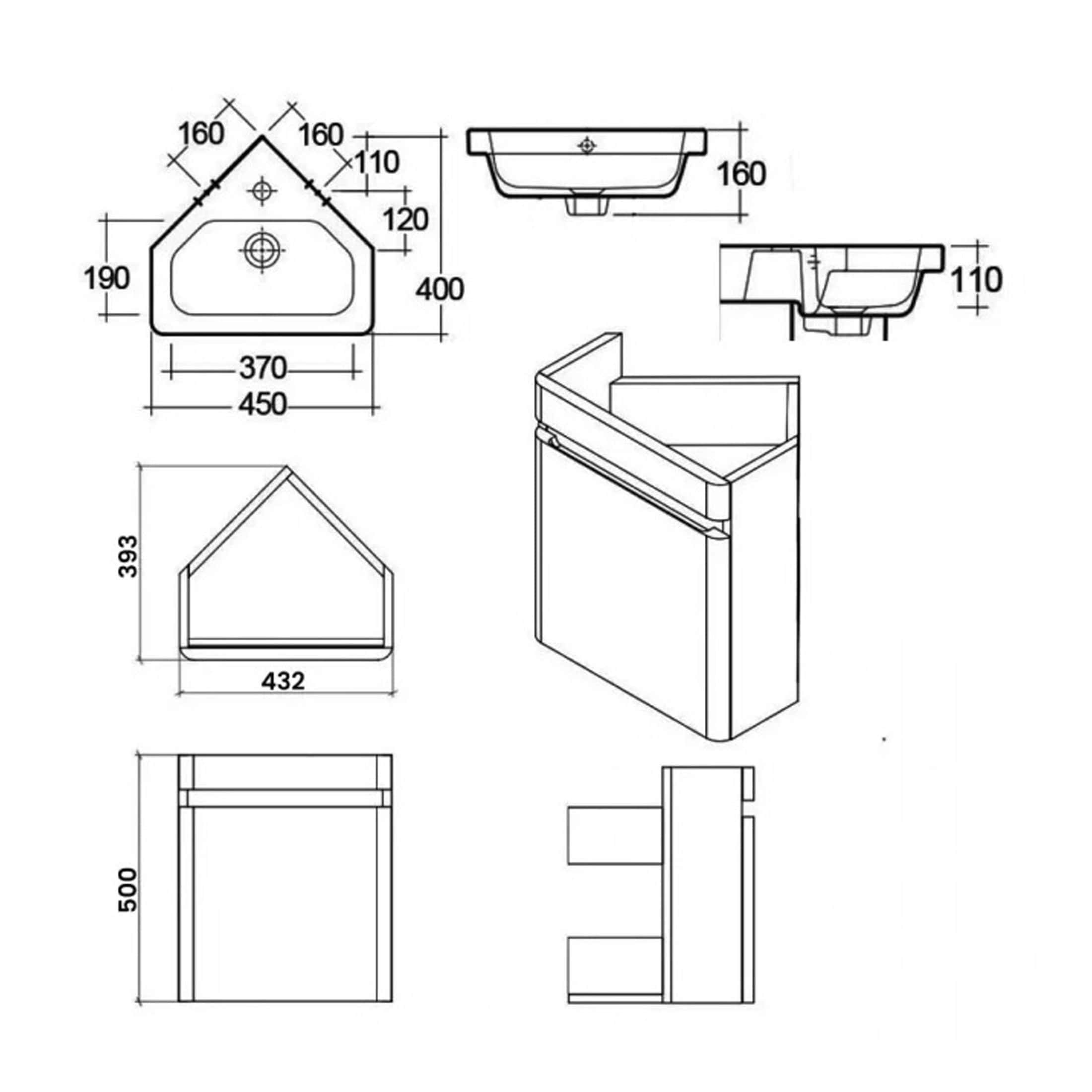 Draft technical bathroom fixture drawing with precise measurements, showcasing front, side, and top views, ideal for bathroom renovation projects or bathroom design planning.