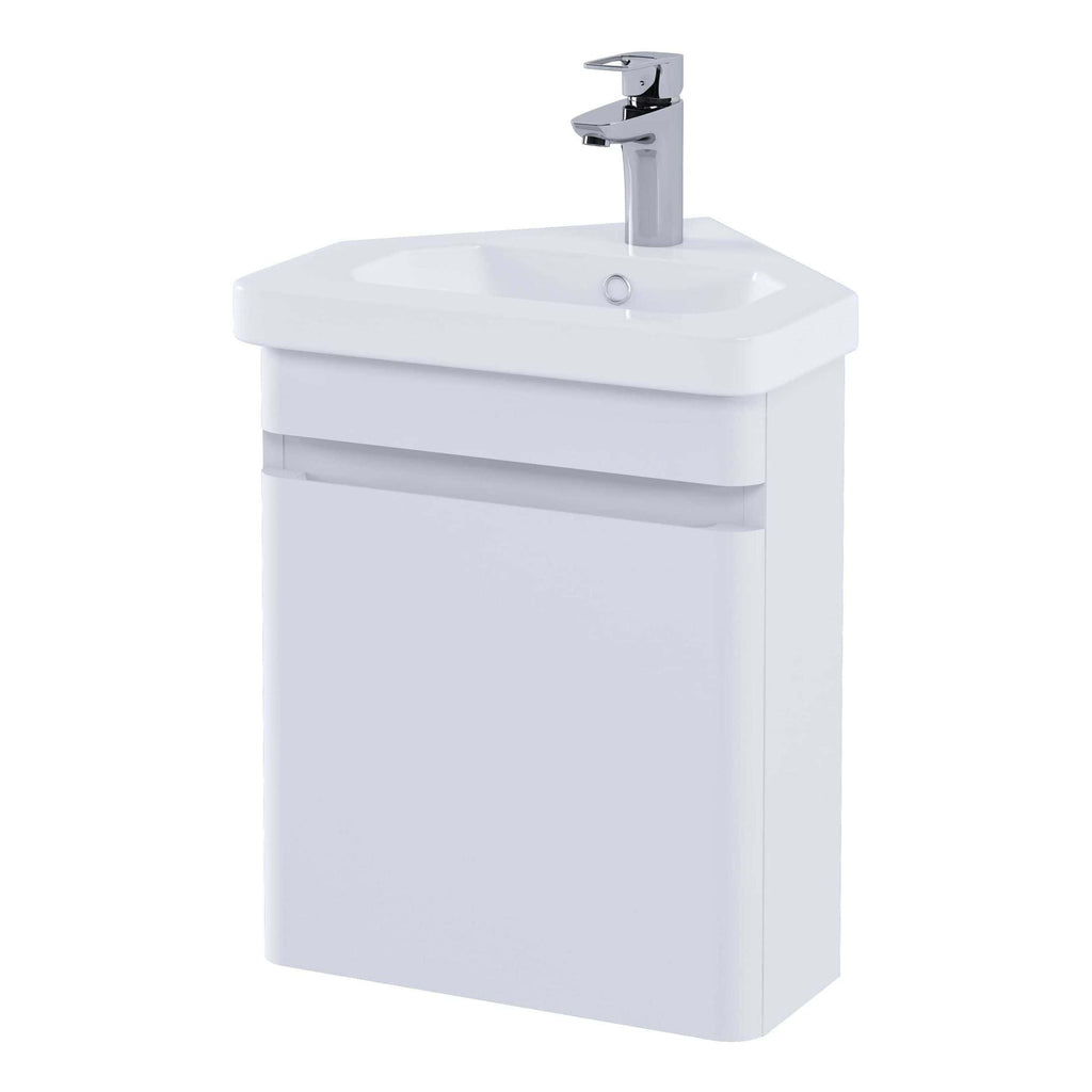 Sleek white bathroom sink cabinet with modern chrome tap, ideal for contemporary bathroom renovations or small space optimisations. Durable, stylish, and functional design by Bubly Bathrooms.