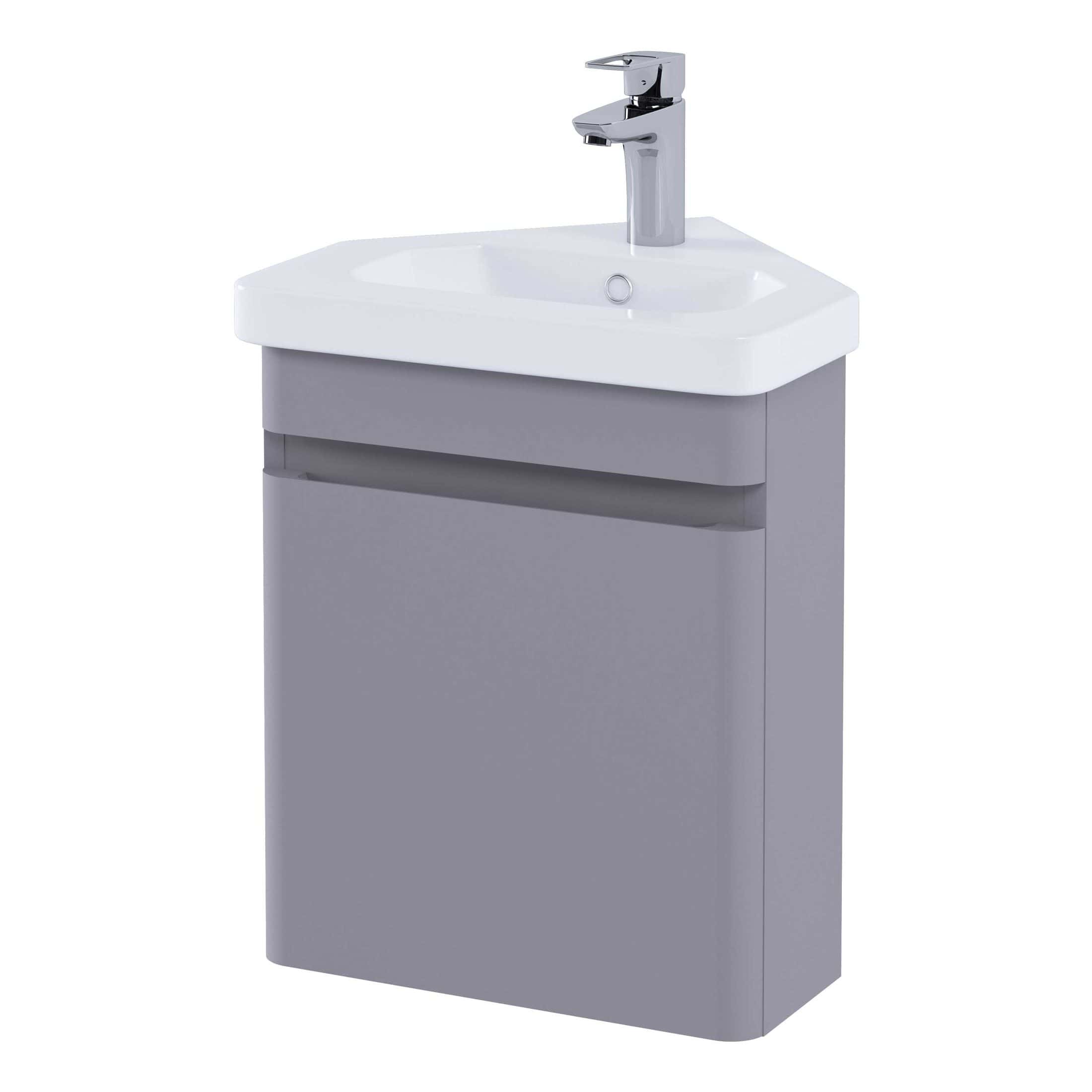 Modern grey bathroom vanity with integrated basin and chrome tap, ideal for stylish bathroom upgrades. Durable, sleek design perfect for contemporary bathroom décor.