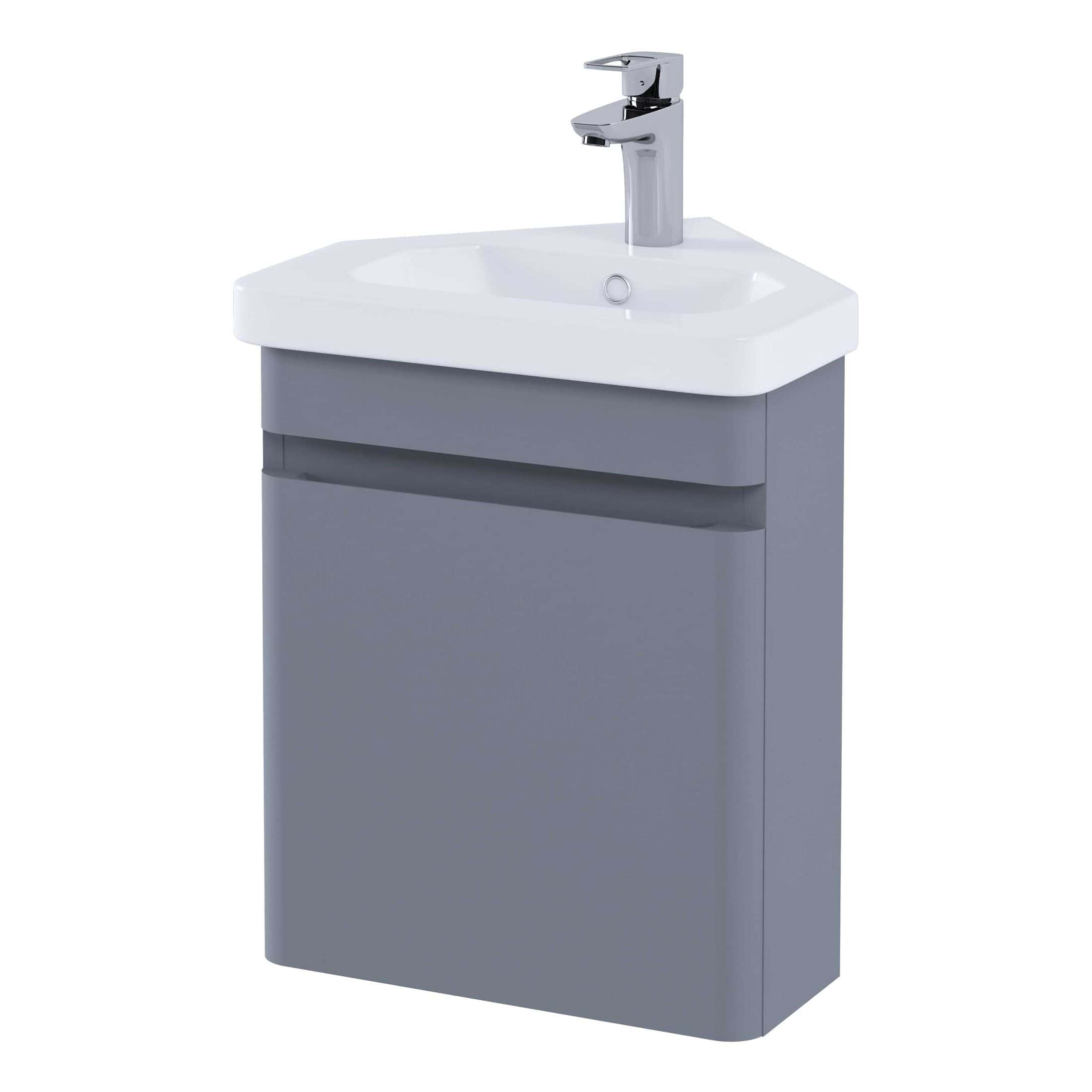 Sleek modern bathroom vanity with integrated sink and chrome tap, ideal for stylish bathroom interiors.
