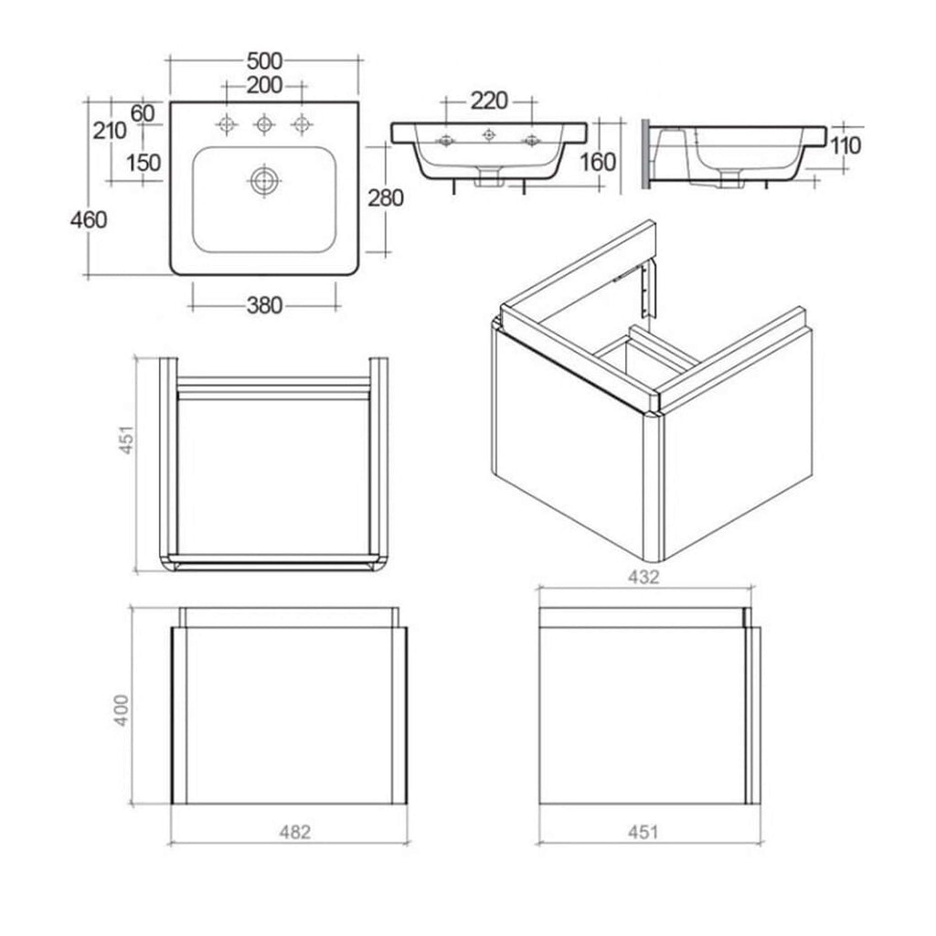 High-quality bathroom sink and vanity unit with precise technical drawings, dimensions, and installation details, ideal for modern bathroom renovation projects.