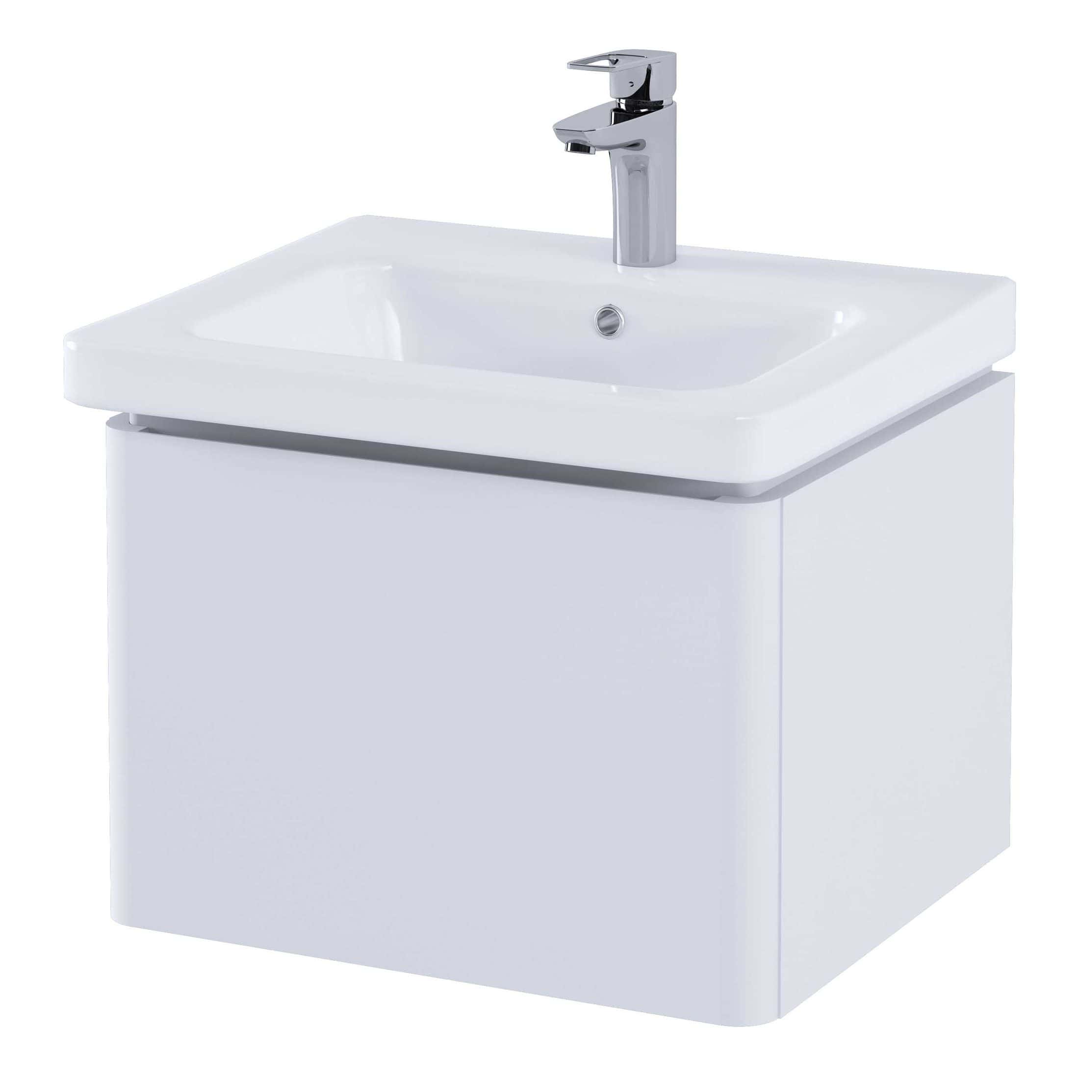 Sleek modern white bathroom sink with chrome tap, ideal for contemporary bathroom designs, featuring a spacious basin and easy-to-clean surface. Perfect for stylish, functional bathroom updates.