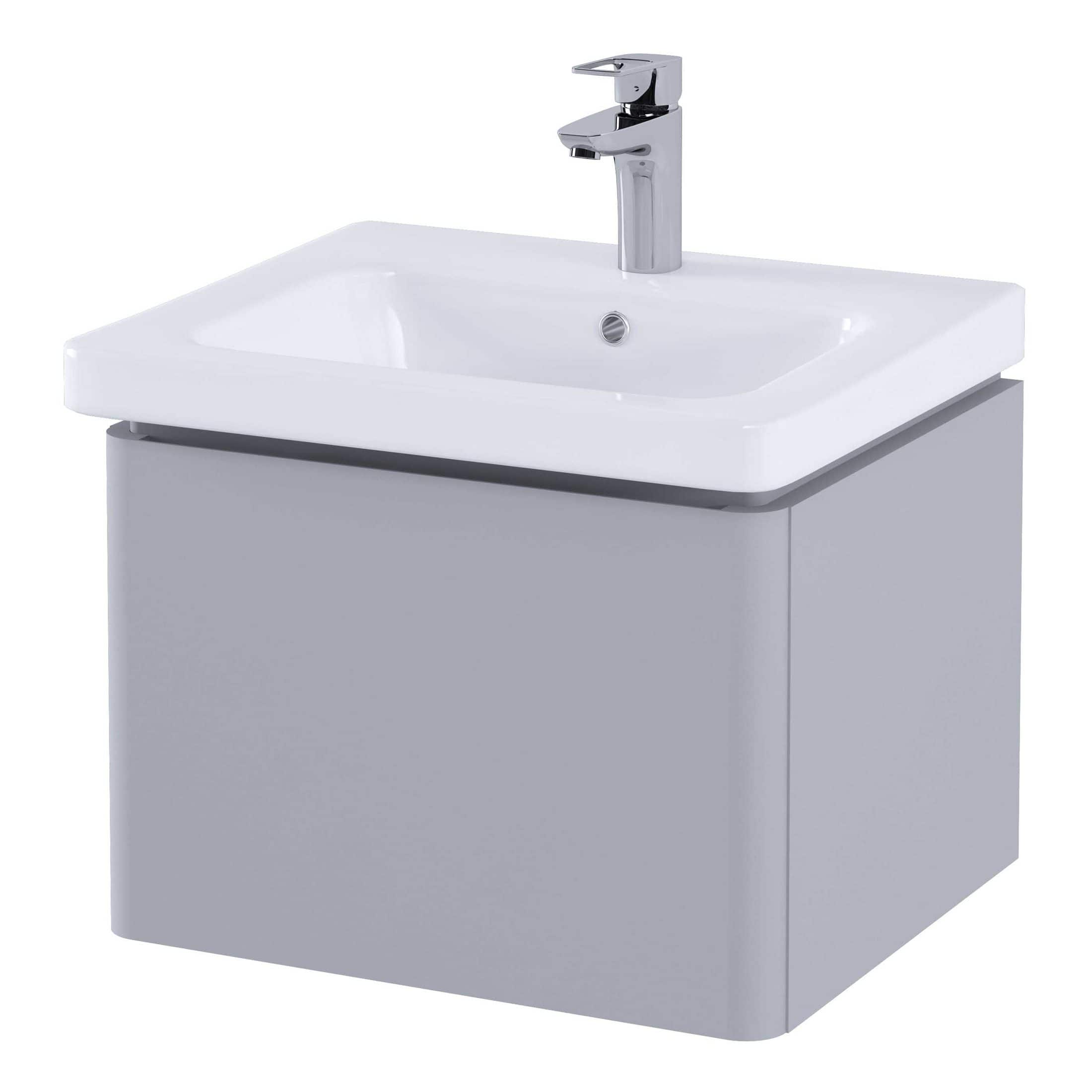 Sleek modern bathroom sink with a chrome tap, white ceramic basin, and grey vanity unit, perfect for contemporary bathroom designs and optimising space.