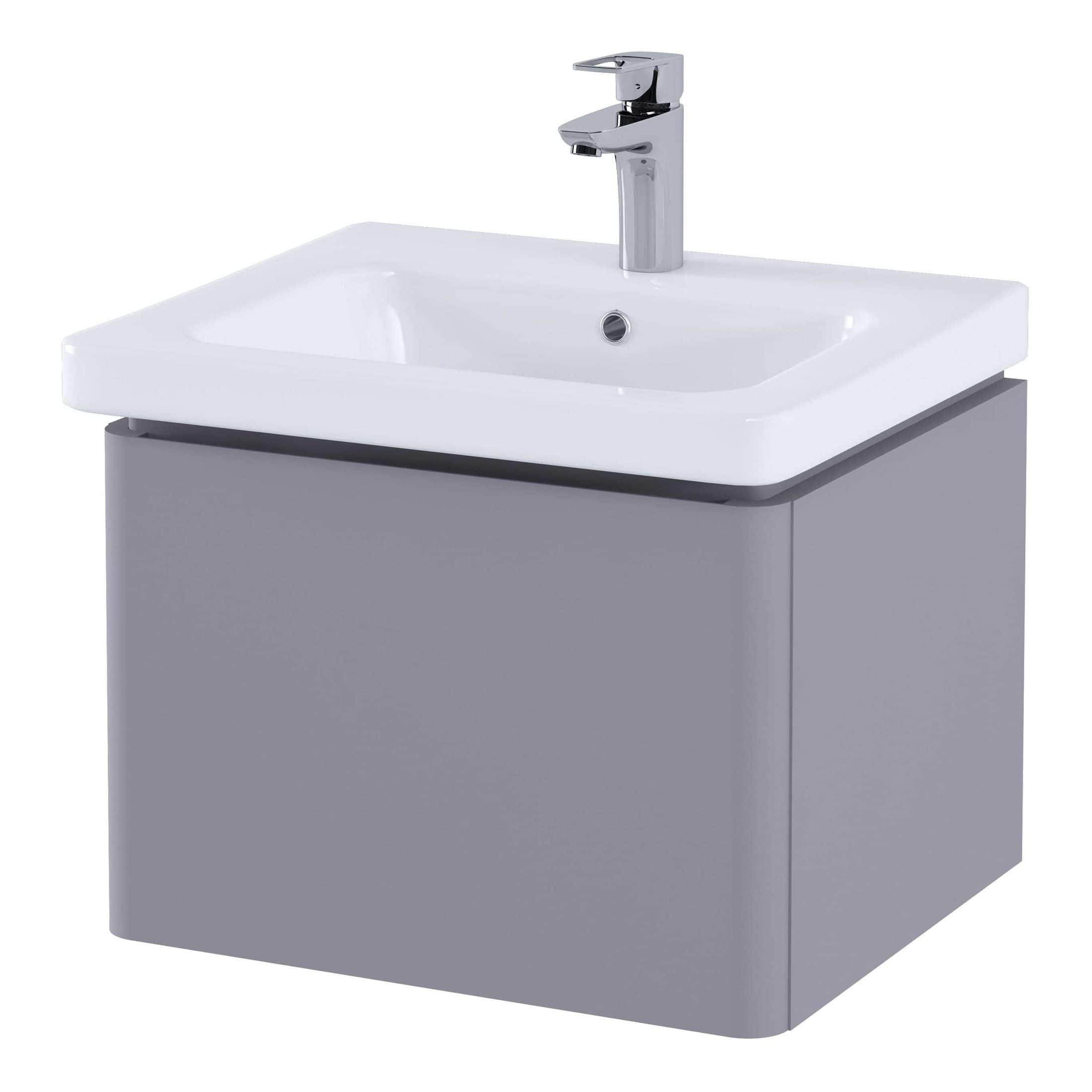 Sleek modern bathroom sink with grey vanity unit and chrome mixer tap, ideal for contemporary bathroom designs. Crafted for durability and style, perfect for adding elegance to any bathroom space.