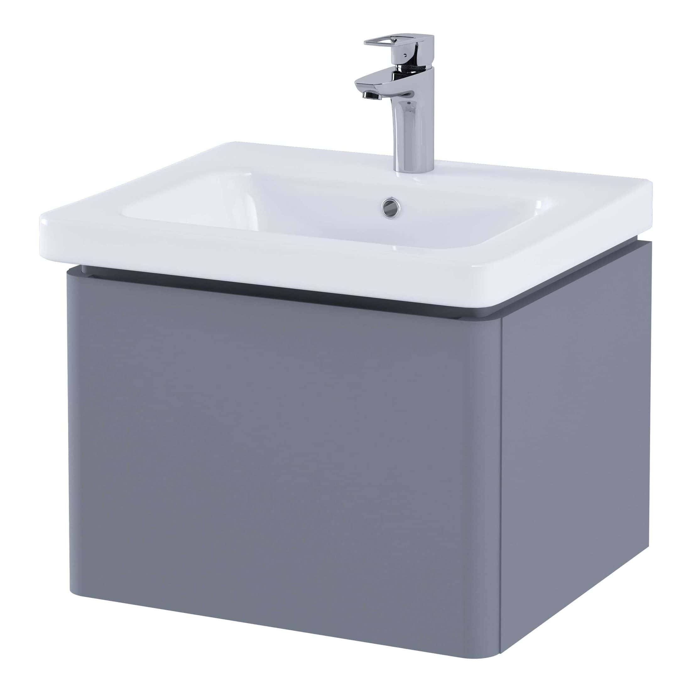 Sleek modern bathroom sink with a chrome tap and grey cabinet, ideal for contemporary bathroom designs, combining style and functionality for a clean, minimalist look.