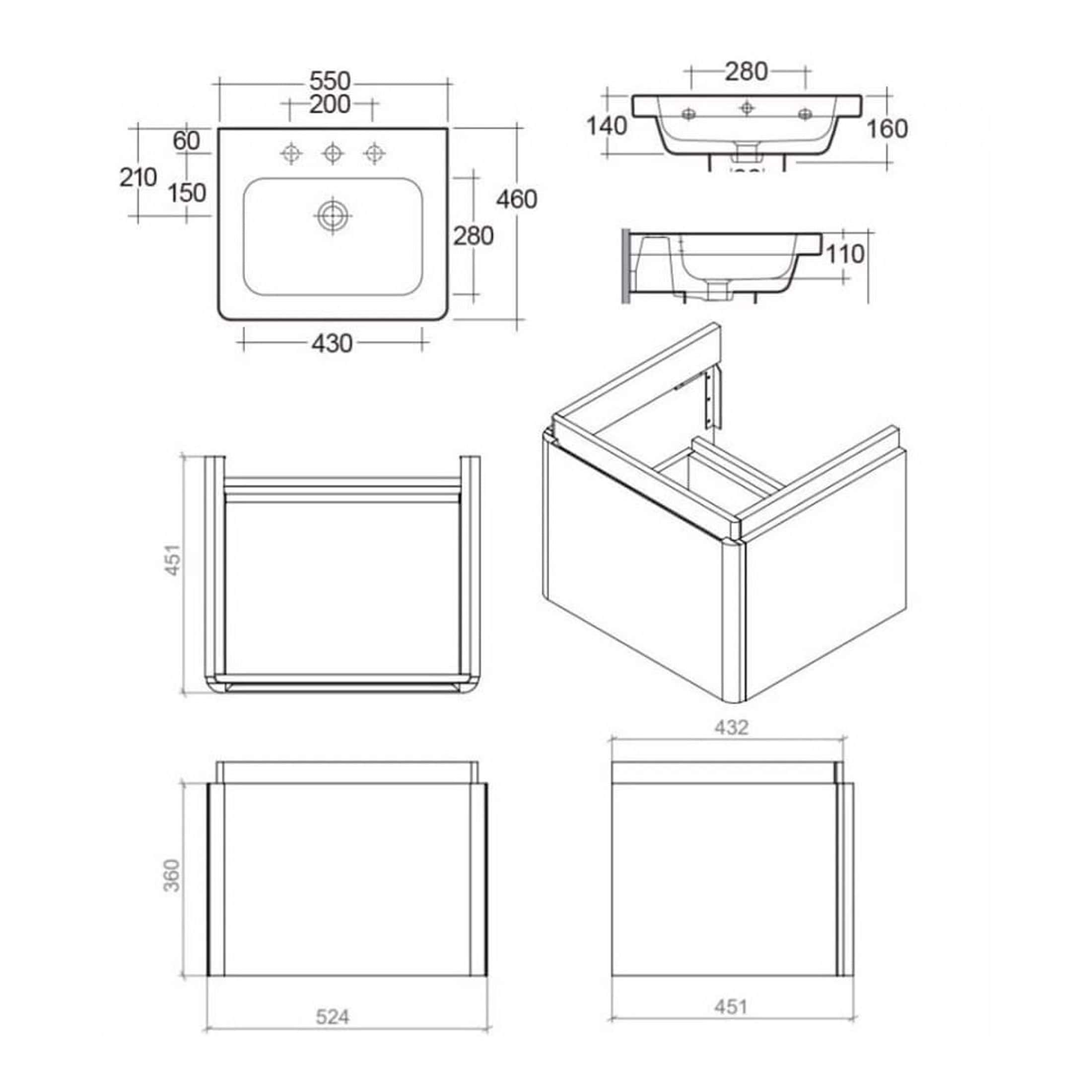 Precision bathroom vanity cabinet with detailed technical drawings and measurements for custom bathroom design, featuring construction specifications and assembly details.