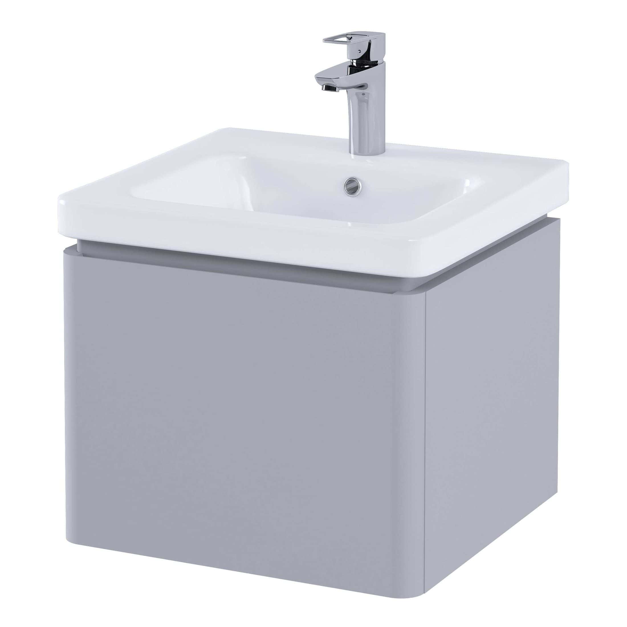 Modern white bathroom vanity with built-in sink and chrome faucet, ideal for contemporary bathrooms. Features a sleek grey cabinet for storage, combining style and functionality.