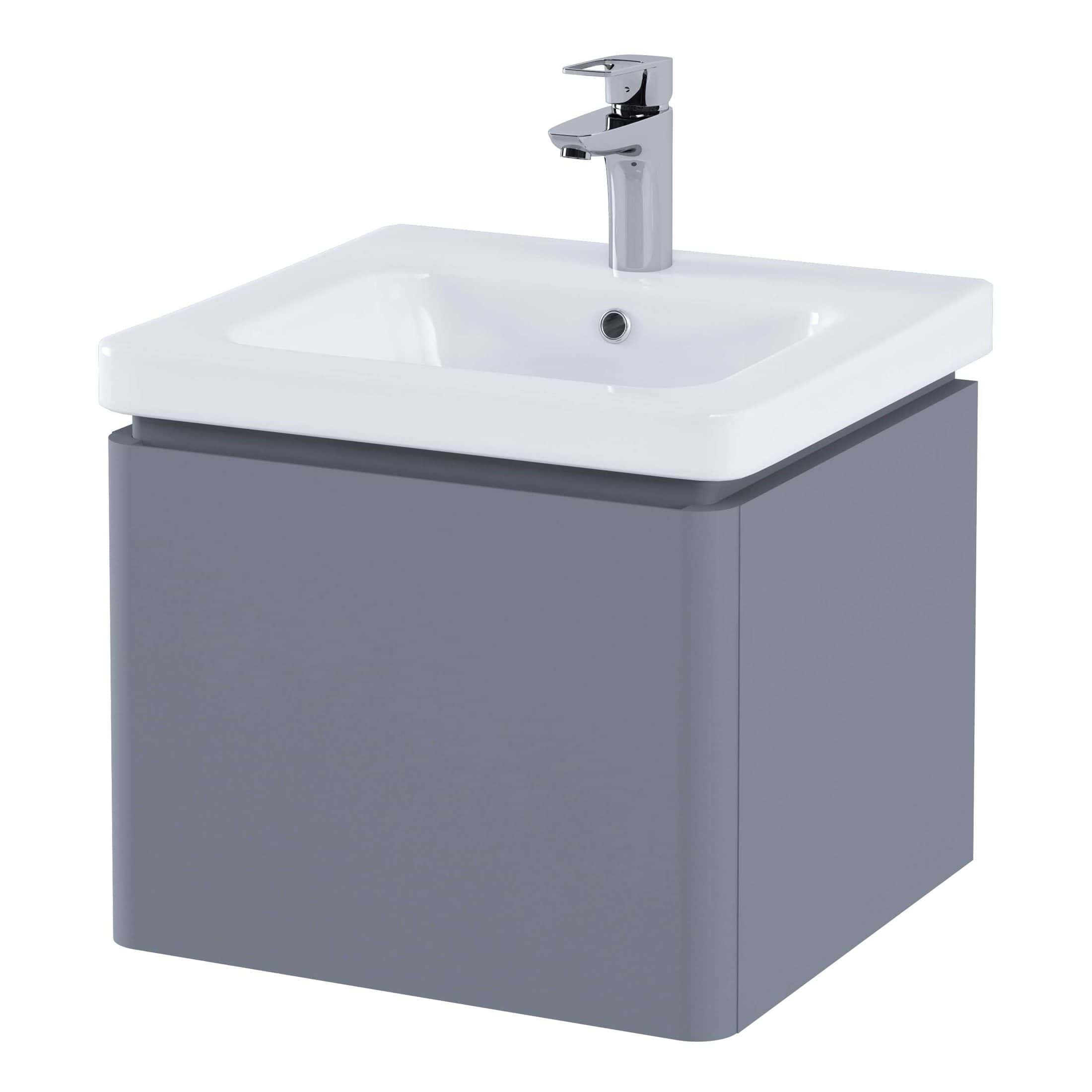 Chrome bathroom sink with a grey vanity unit, perfect for modern bathroom renovations and space-saving solutions.